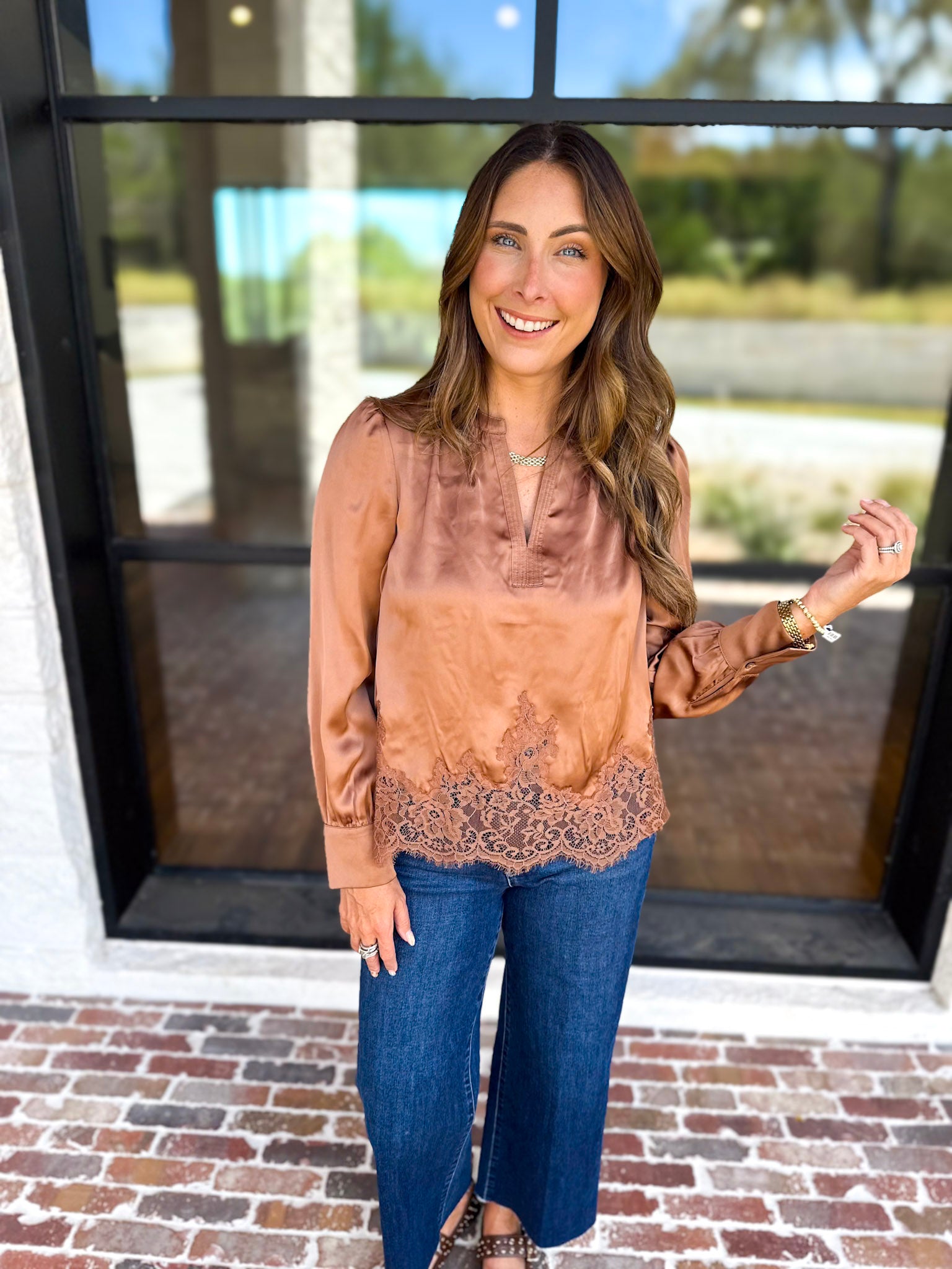 Current Air - Feminine Lace Details Blouse - Mocha-200 Fashion Blouses-CURRENT AIR CLOTHING-July & June Women's Fashion Boutique Located in San Antonio, Texas