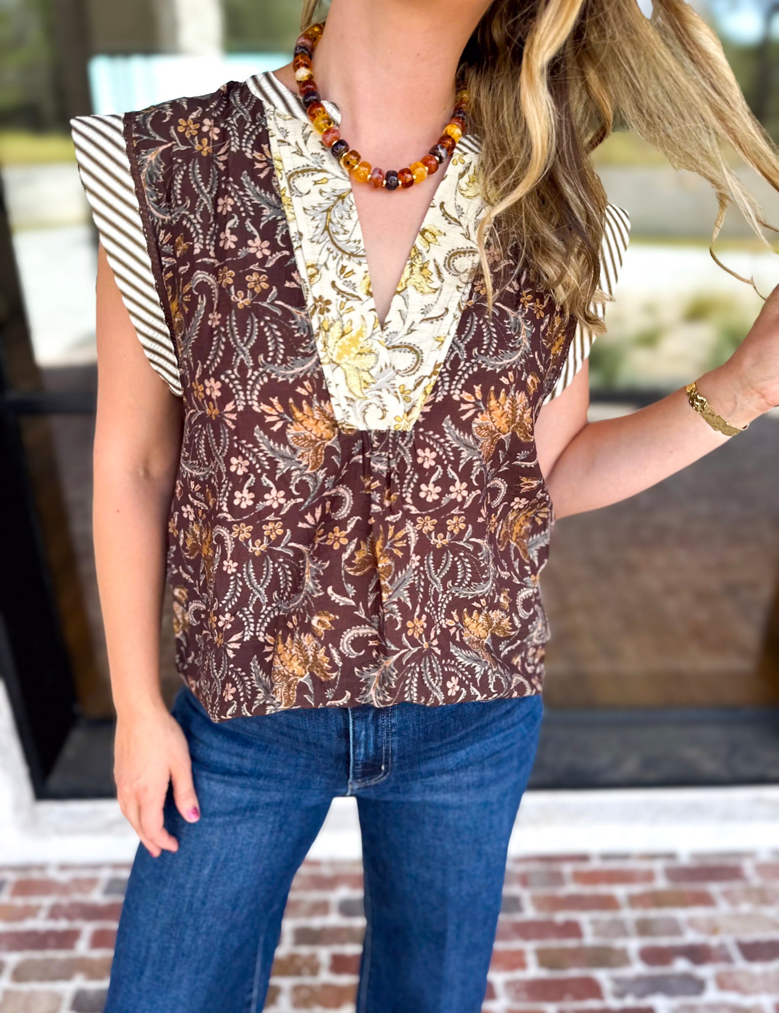 THML - Fall Hues Mixed Print Blouse-200 Fashion Blouses-THML-July & June Women's Fashion Boutique Located in San Antonio, Texas