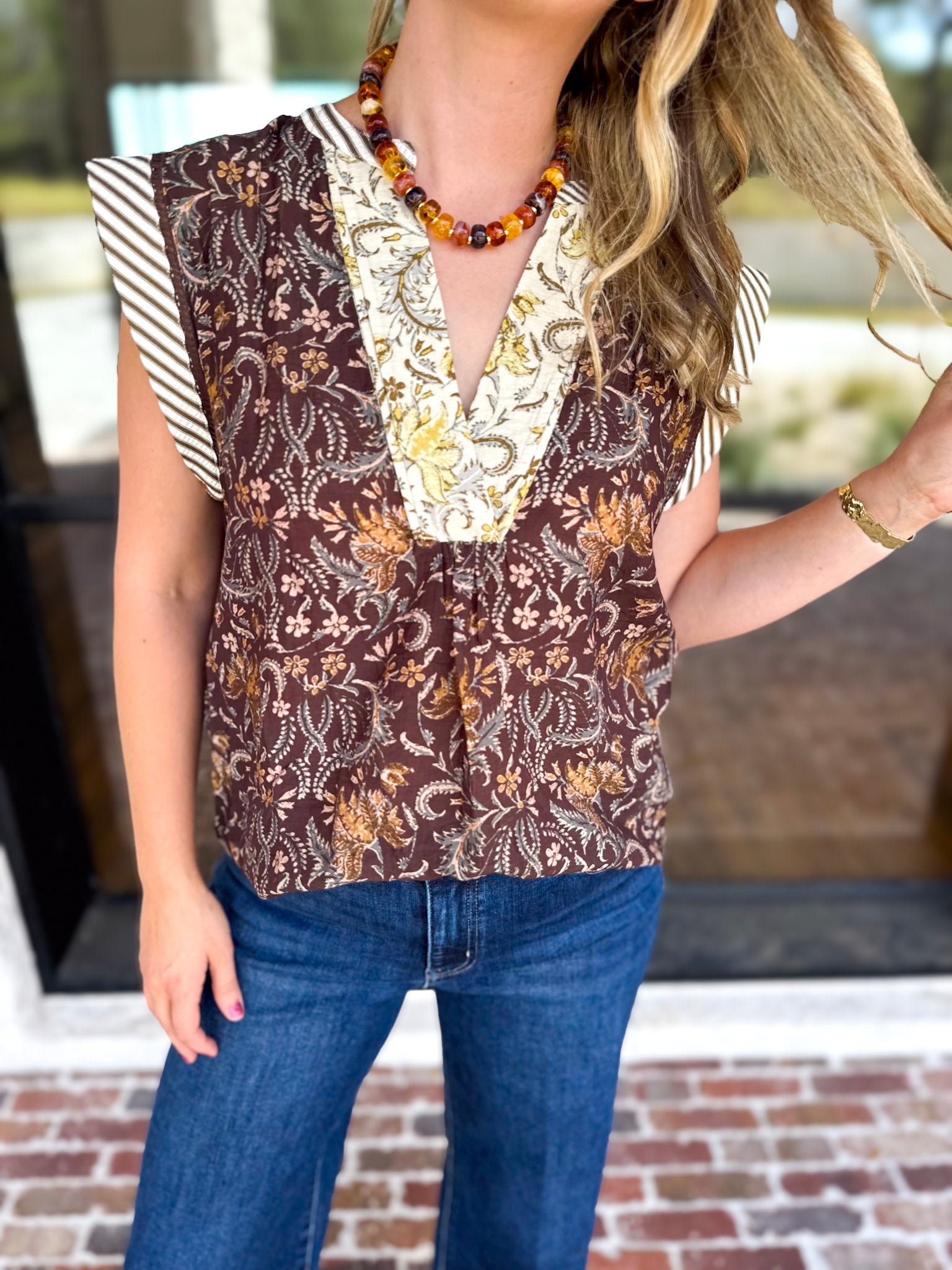 THML - Fall Hues Mixed Print Blouse-200 Fashion Blouses-THML-July & June Women's Fashion Boutique Located in San Antonio, Texas