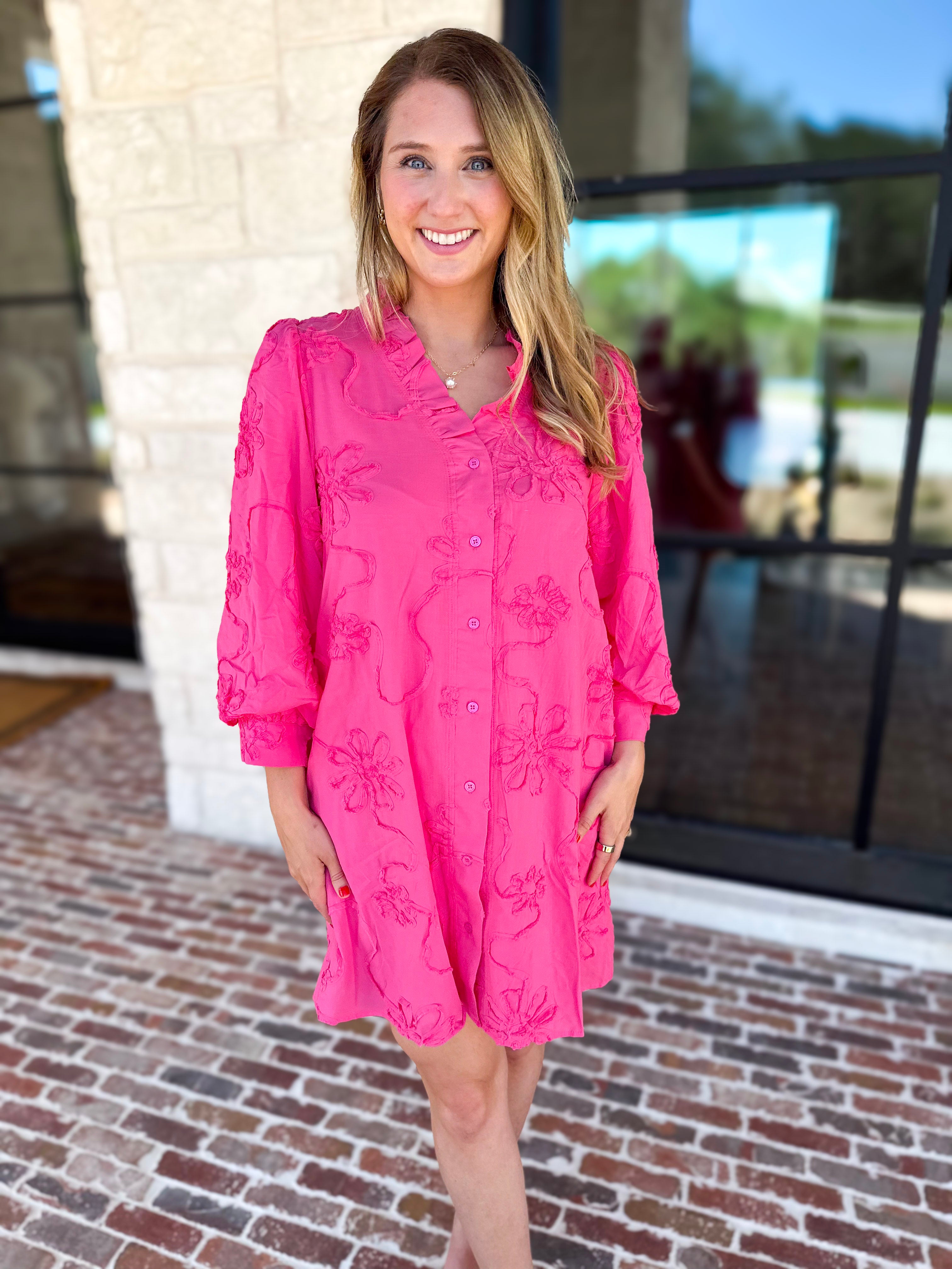 Hot Pink Floral Details Mini Dress-510 Mini-JODIFL-July & June Women's Fashion Boutique Located in San Antonio, Texas