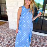Effortless Polka Dot Midi Dress - Blue-500 Midi-ENTRO-July & June Women's Fashion Boutique Located in San Antonio, Texas