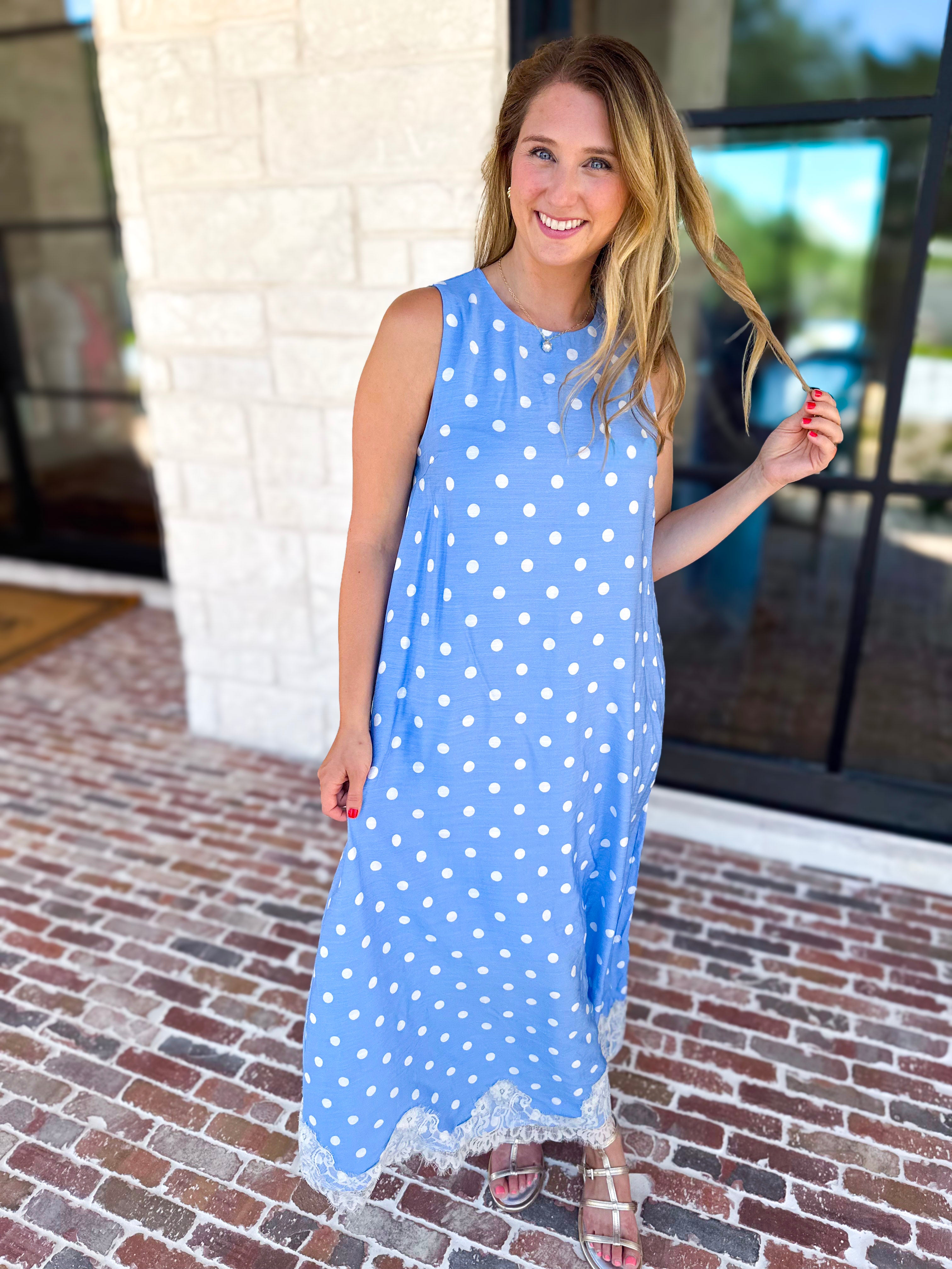 Effortless Polka Dot Midi Dress - Blue-500 Midi-ENTRO-July & June Women's Fashion Boutique Located in San Antonio, Texas