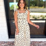 Ruched Polka Dot Midi Dress-500 Midi-ENTRO-July & June Women's Fashion Boutique Located in San Antonio, Texas