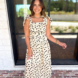 Ruched Polka Dot Midi Dress-500 Midi-ENTRO-July & June Women's Fashion Boutique Located in San Antonio, Texas