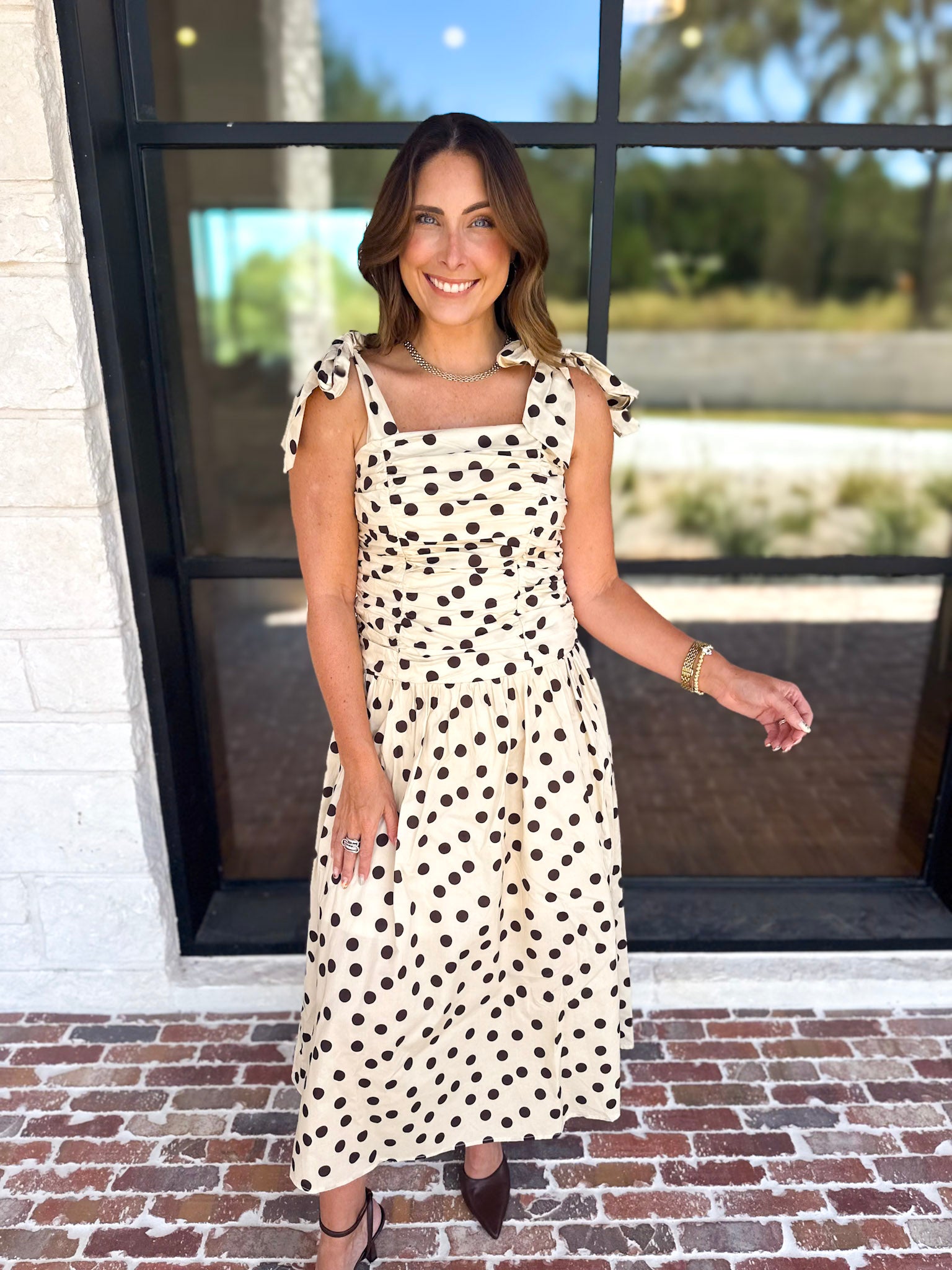 Ruched Polka Dot Midi Dress-500 Midi-ENTRO-July & June Women's Fashion Boutique Located in San Antonio, Texas