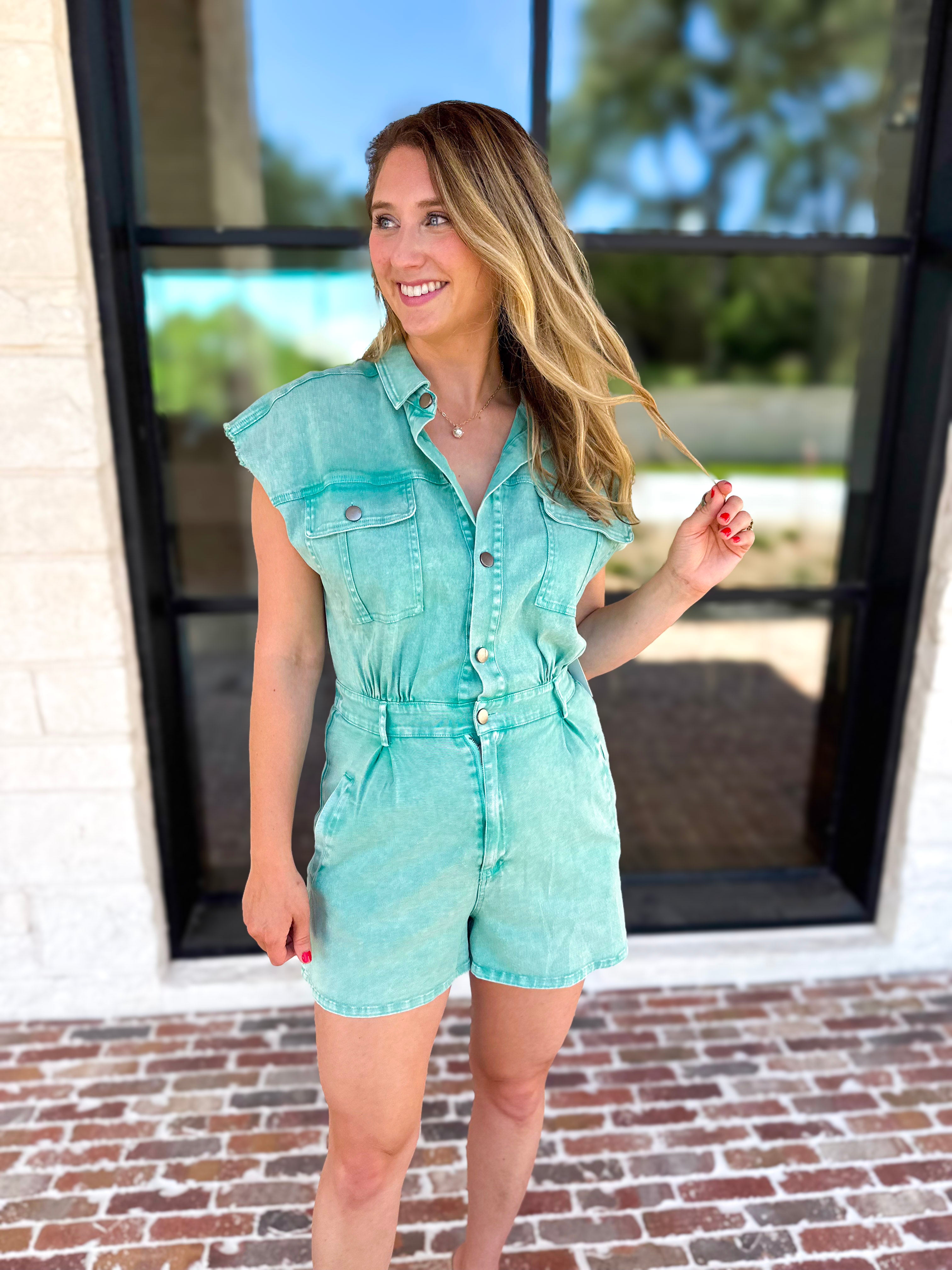 Casual Cool Utility Romper - Sea Green-510 Mini-FATE-July & June Women's Fashion Boutique Located in San Antonio, Texas