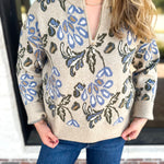 Current Air - Barley & Blue Floral Half Zip Sweater-230 Sweaters/Cardis-CURRENT AIR CLOTHING-July & June Women's Fashion Boutique Located in San Antonio, Texas