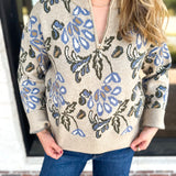 Current Air - Barley & Blue Floral Half Zip Sweater-230 Sweaters/Cardis-CURRENT AIR CLOTHING-July & June Women's Fashion Boutique Located in San Antonio, Texas