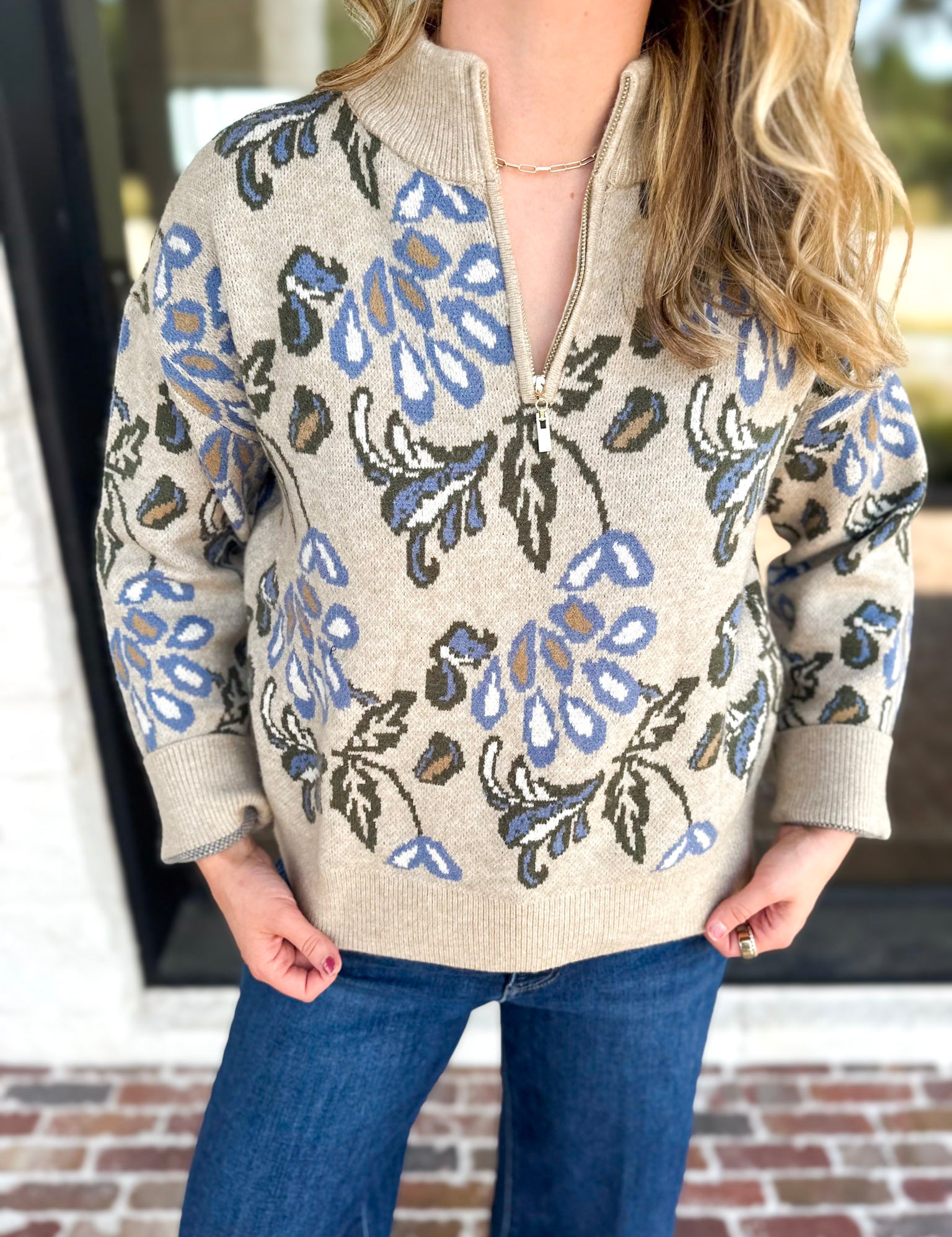 Current Air - Barley & Blue Floral Half Zip Sweater-230 Sweaters/Cardis-CURRENT AIR CLOTHING-July & June Women's Fashion Boutique Located in San Antonio, Texas
