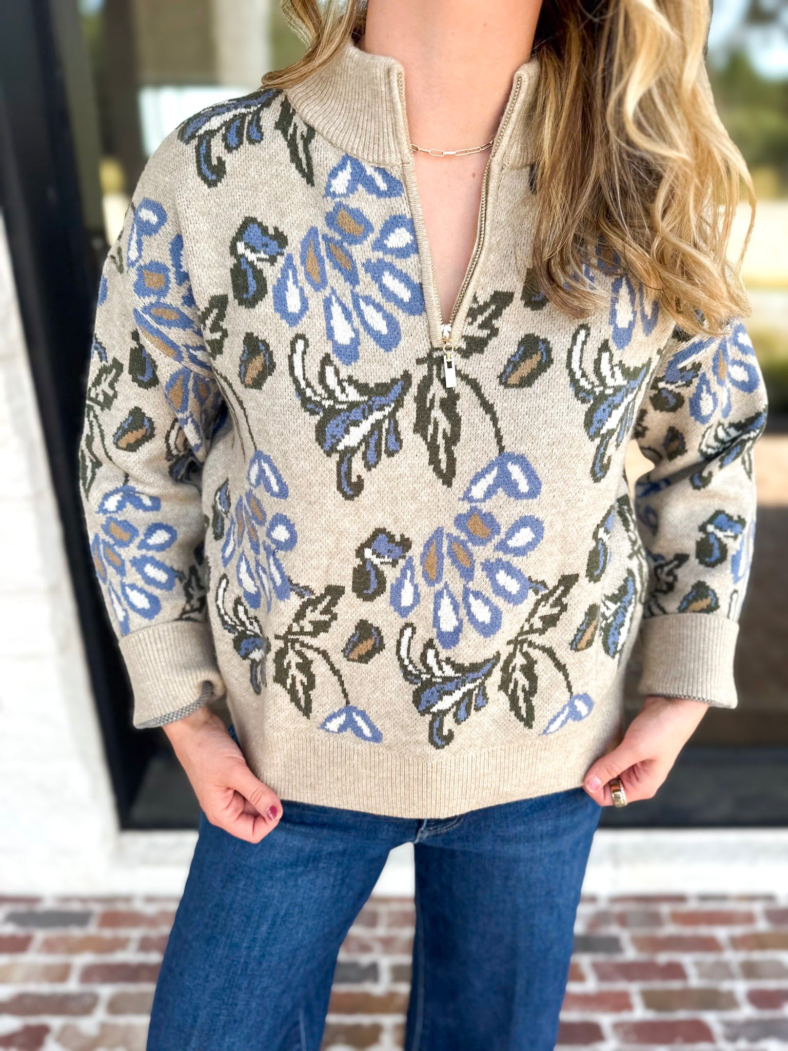 Current Air - Barley & Blue Floral Half Zip Sweater-230 Sweaters/Cardis-CURRENT AIR CLOTHING-July & June Women's Fashion Boutique Located in San Antonio, Texas