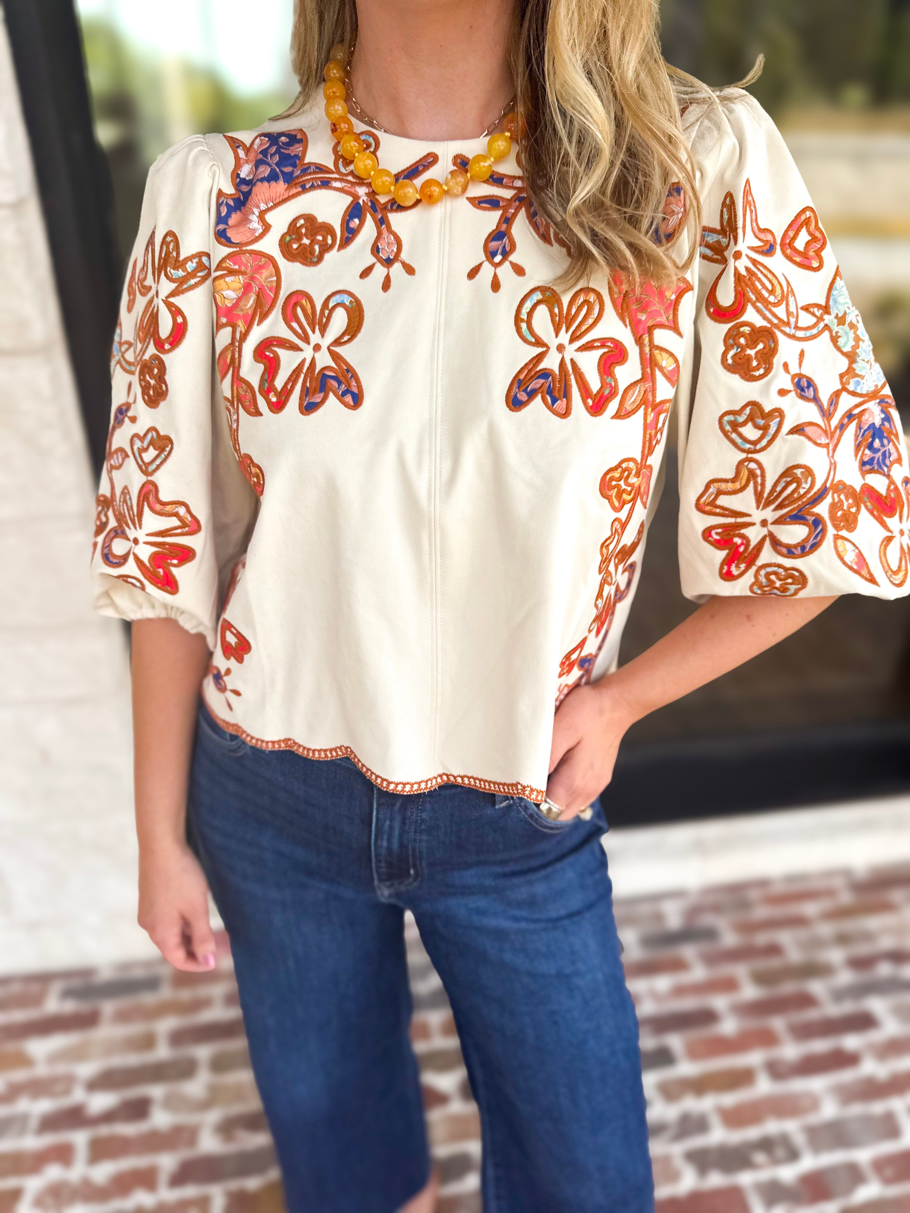 THML - Morning Sunrise Suede & Embroidered Blouse-200 Fashion Blouses-THML-July & June Women's Fashion Boutique Located in San Antonio, Texas