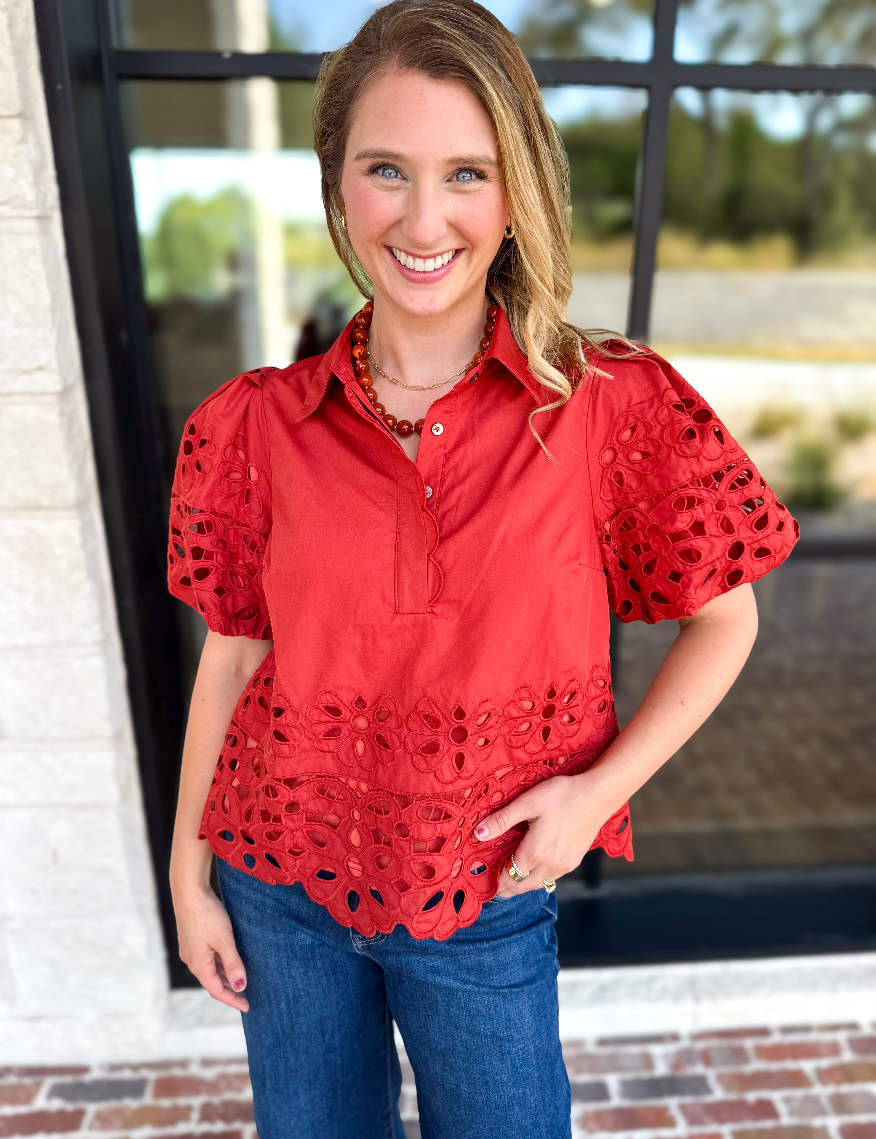 Refined Eyelet Blouse - Spice-200 Fashion Blouses-ENTRO-July & June Women's Fashion Boutique Located in San Antonio, Texas