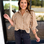 Gingham Scalloped Blouse - Camel-200 Fashion Blouses-ENTRO-July & June Women's Fashion Boutique Located in San Antonio, Texas