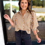 Gingham Scalloped Blouse - Camel-200 Fashion Blouses-ENTRO-July & June Women's Fashion Boutique Located in San Antonio, Texas