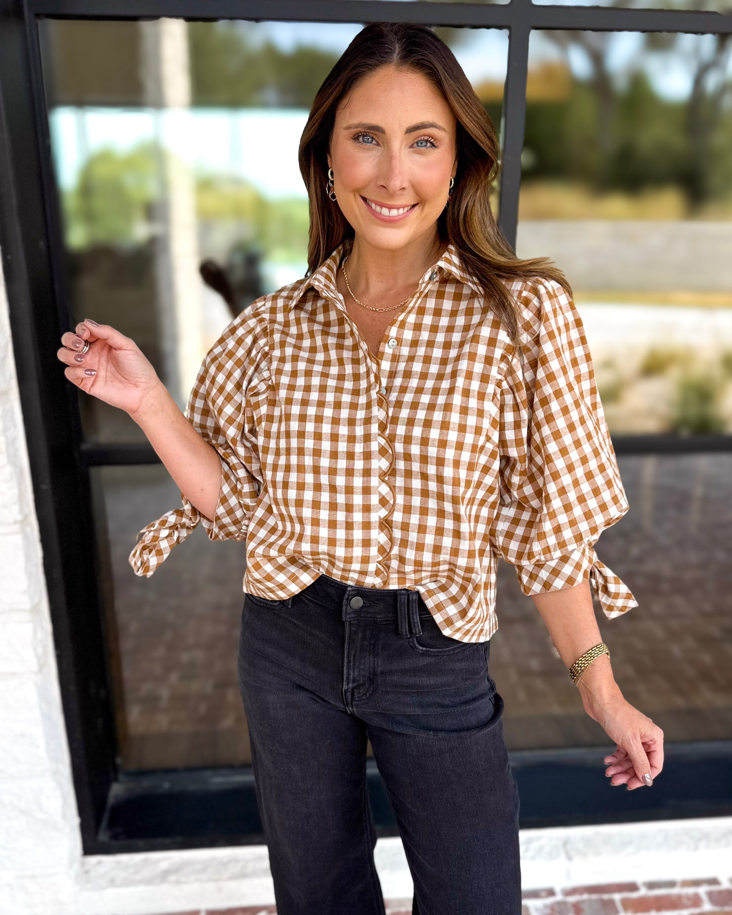 Gingham Scalloped Blouse - Camel-200 Fashion Blouses-ENTRO-July & June Women's Fashion Boutique Located in San Antonio, Texas