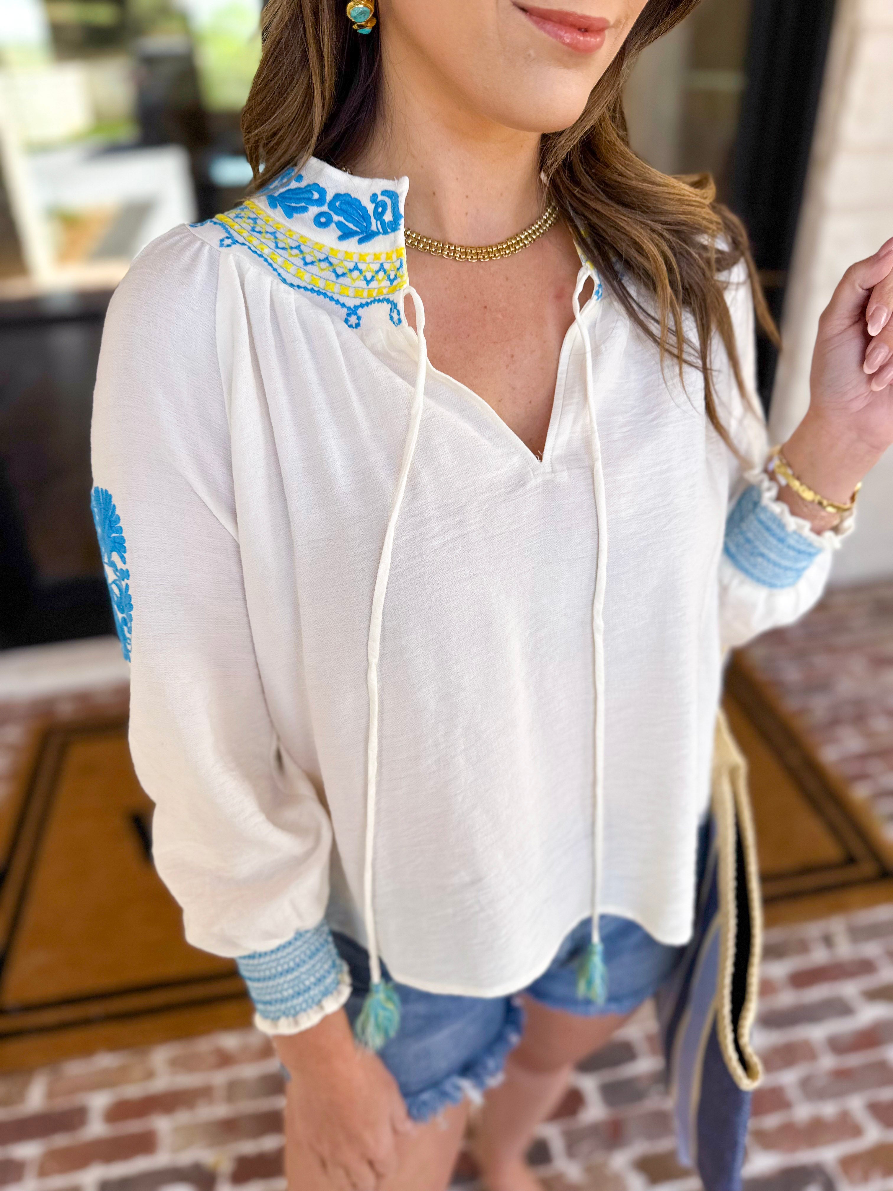 Current Air - The Santa Fe Blouse - Ivory-200 Fashion Blouses-CURRENT AIR CLOTHING-July & June Women's Fashion Boutique Located in San Antonio, Texas