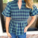 Pine Plaid Blouse-200 Fashion Blouses-ENTRO-July & June Women's Fashion Boutique Located in San Antonio, Texas
