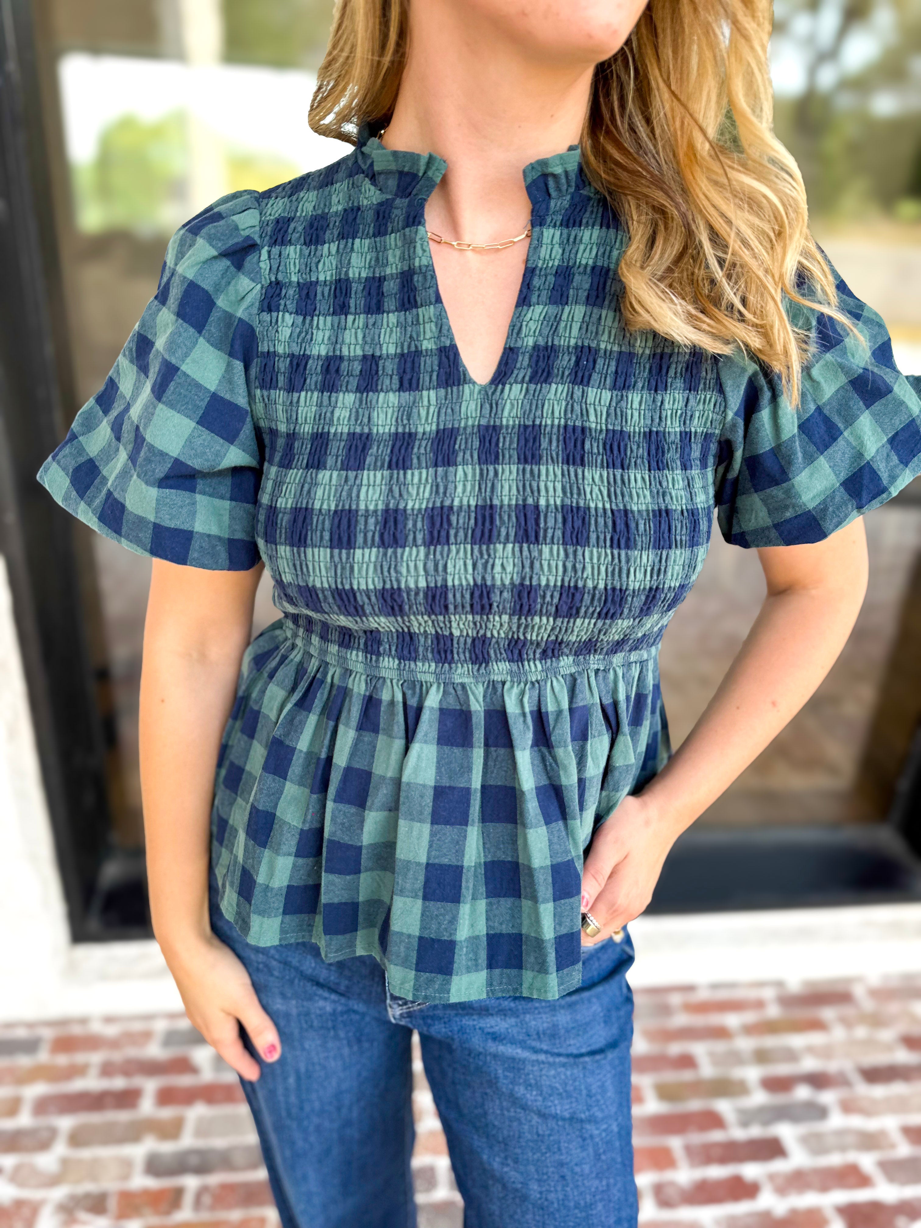 Pine Plaid Blouse-200 Fashion Blouses-ENTRO-July & June Women's Fashion Boutique Located in San Antonio, Texas