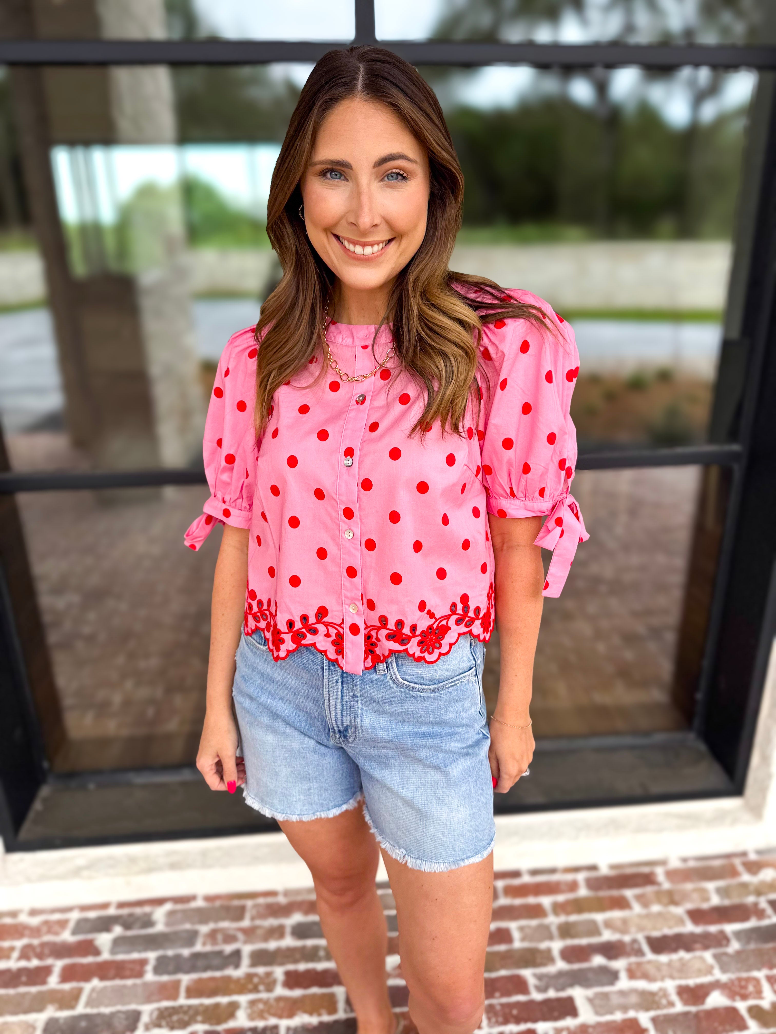 Polka Dot Chic Blouse - Red & Pink-200 Fashion Blouses-ENTRO-July & June Women's Fashion Boutique Located in San Antonio, Texas
