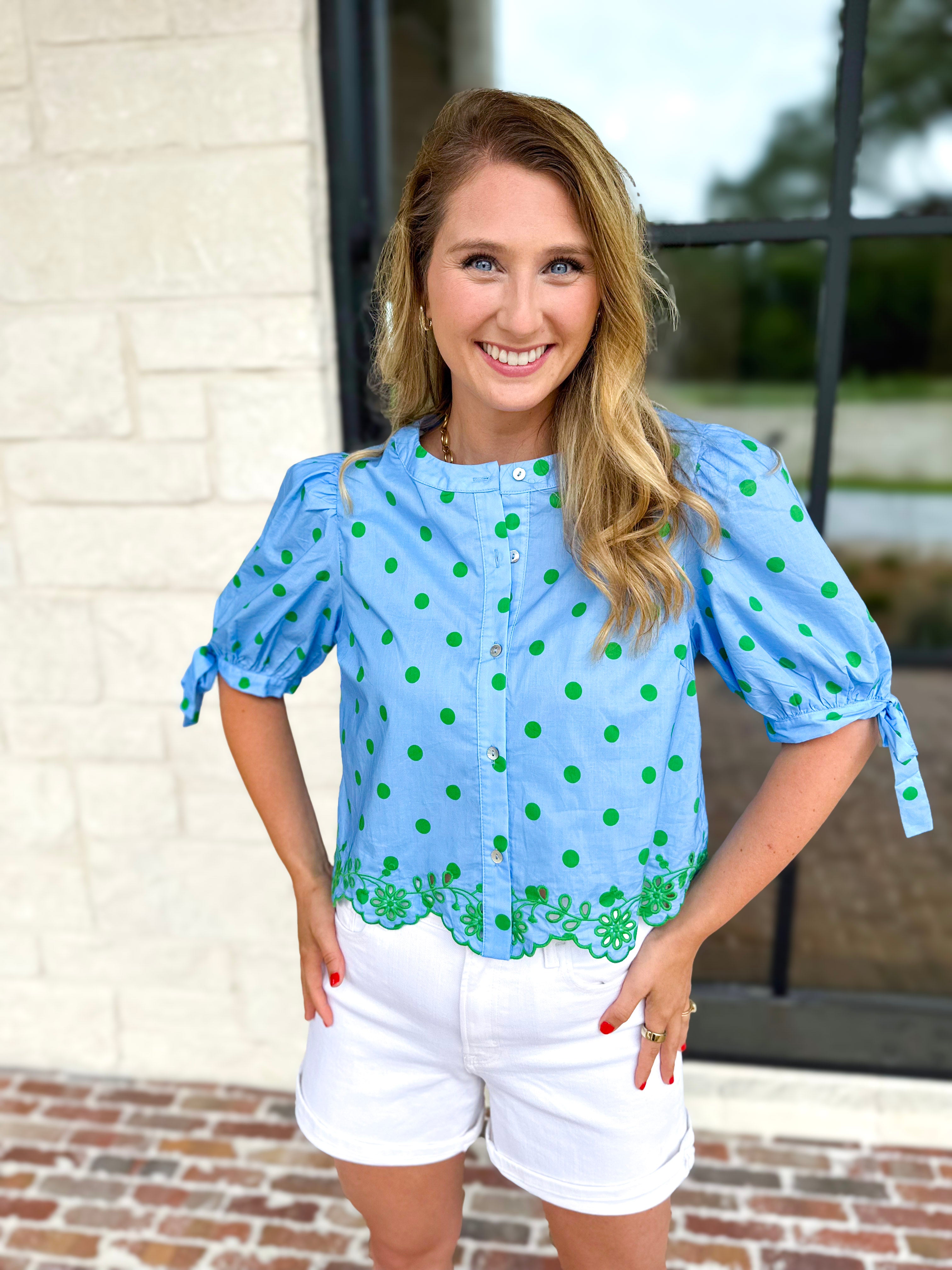 Polka Dot Chic Blouse - Green & Blue-200 Fashion Blouses-ENTRO-July & June Women's Fashion Boutique Located in San Antonio, Texas