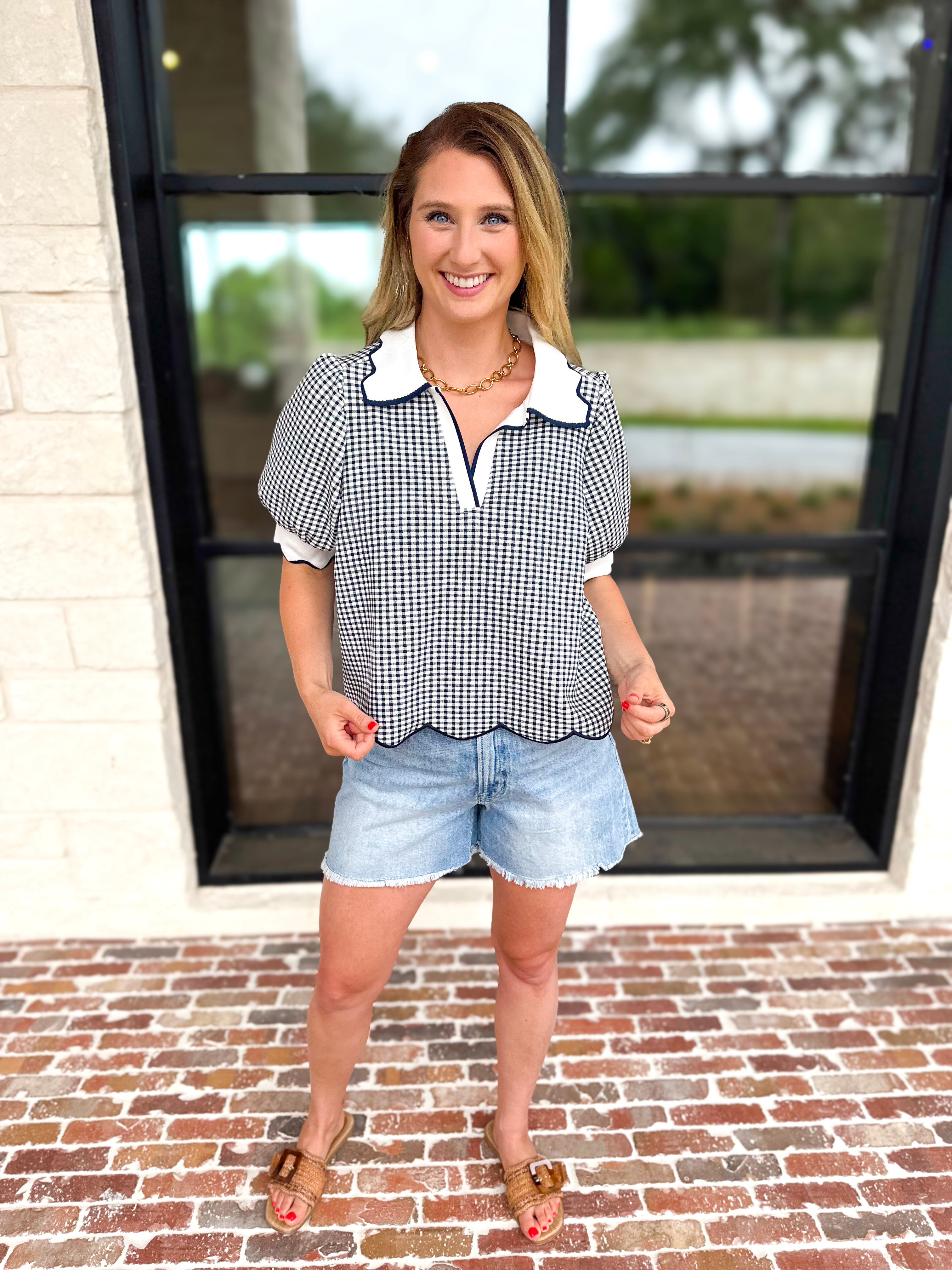 Summer Escape Gingham Blouse - Navy Blue-200 Fashion Blouses-ENTRO-July & June Women's Fashion Boutique Located in San Antonio, Texas