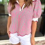 Summer Escape Gingham Blouse - Red-200 Fashion Blouses-ENTRO-July & June Women's Fashion Boutique Located in San Antonio, Texas