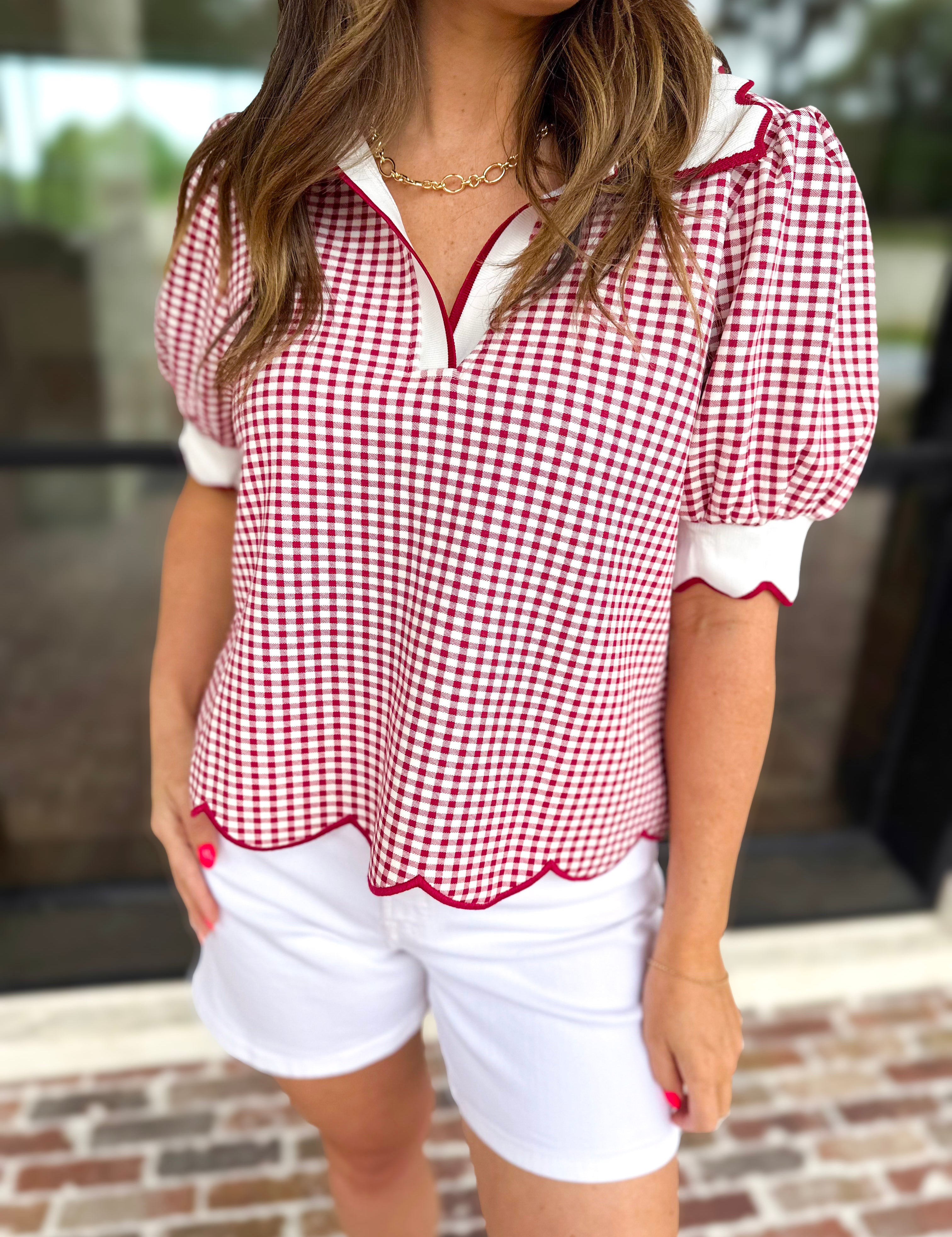 Summer Escape Gingham Blouse - Red-200 Fashion Blouses-ENTRO-July & June Women's Fashion Boutique Located in San Antonio, Texas