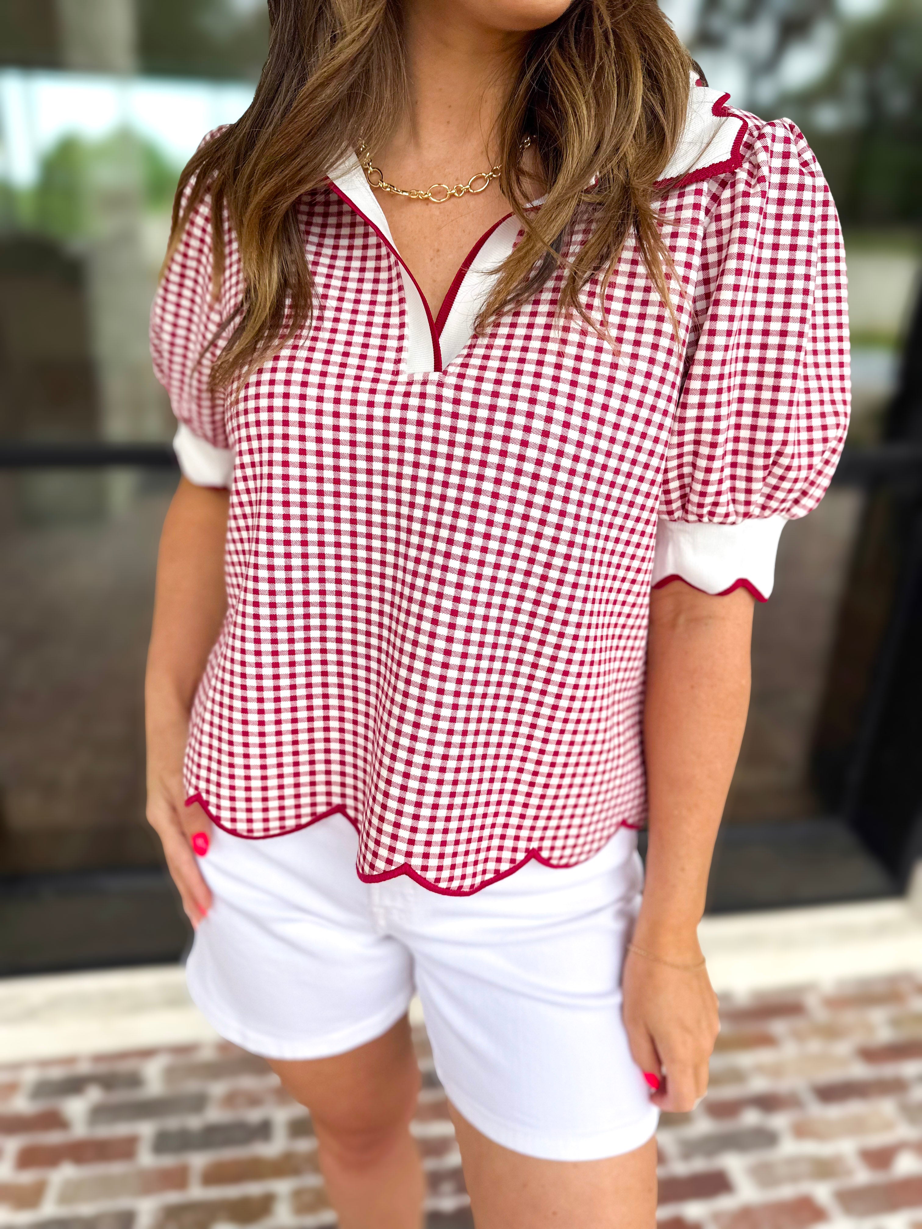 Summer Escape Gingham Blouse - Red-200 Fashion Blouses-ENTRO-July & June Women's Fashion Boutique Located in San Antonio, Texas