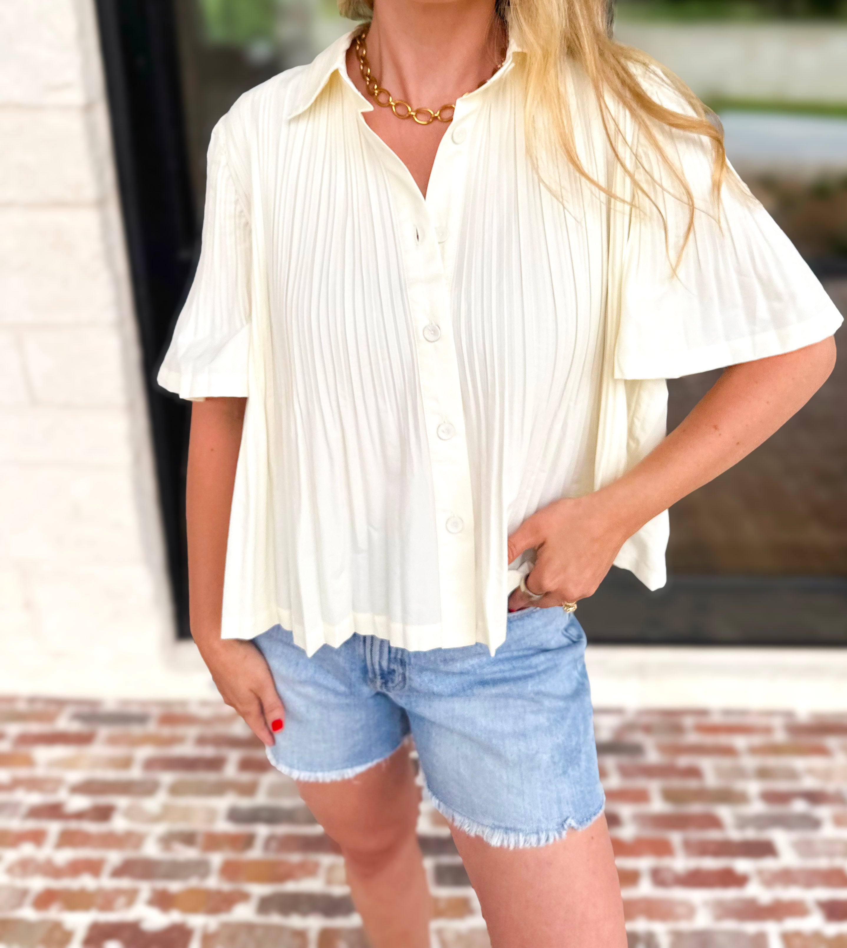 Current Air - Pleated Button Down Blouse - Cream-200 Fashion Blouses-CURRENT AIR CLOTHING-July & June Women's Fashion Boutique Located in San Antonio, Texas