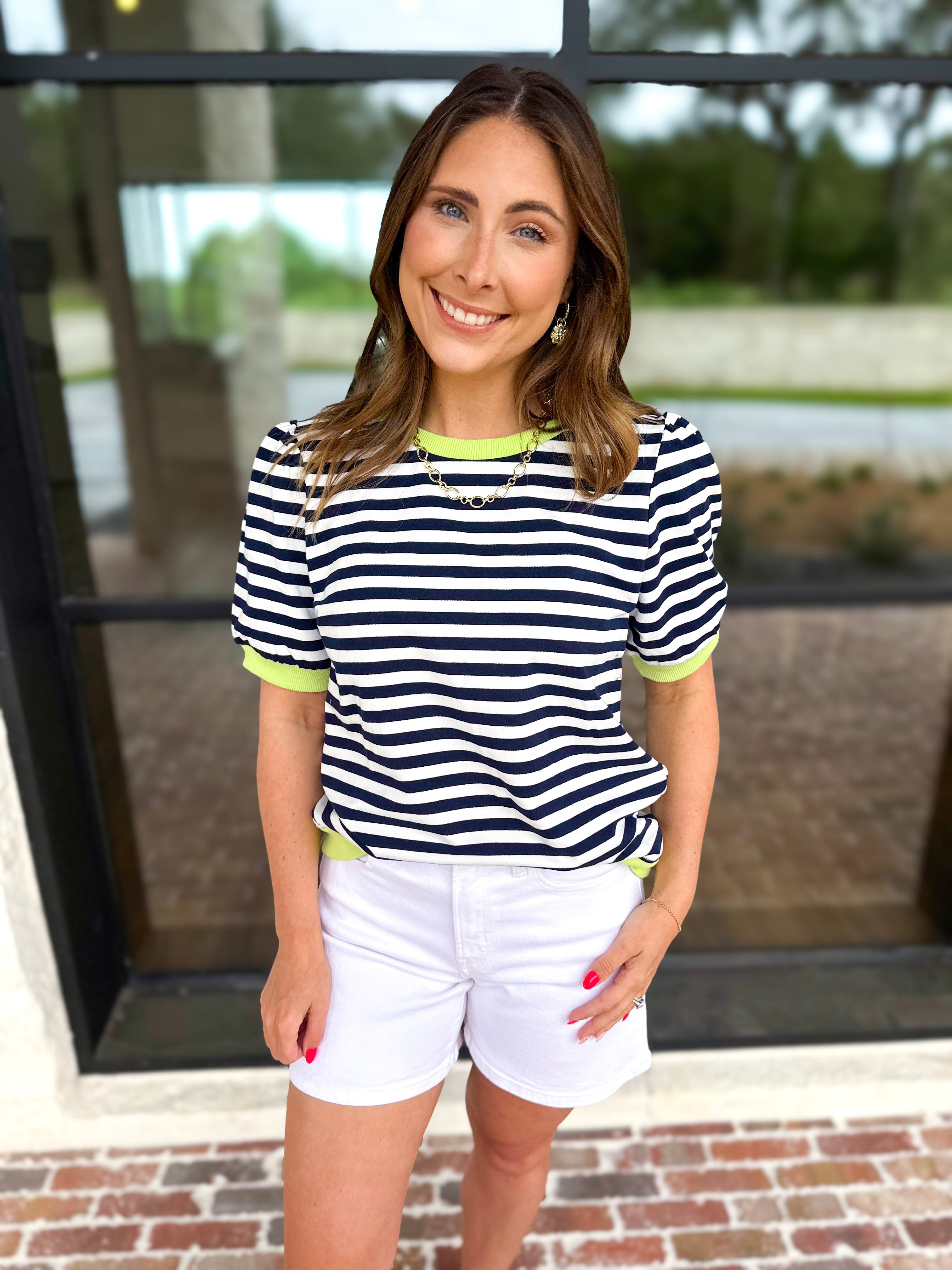 Navy & Lime Stripe Tee-210 Casual Blouses-JODIFL-July & June Women's Fashion Boutique Located in San Antonio, Texas