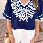 City Strolls Embroidered Blouse - Navy-200 Fashion Blouses-JODIFL-July & June Women's Fashion Boutique Located in San Antonio, Texas