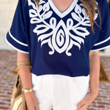 City Strolls Embroidered Blouse - Navy-200 Fashion Blouses-JODIFL-July & June Women's Fashion Boutique Located in San Antonio, Texas