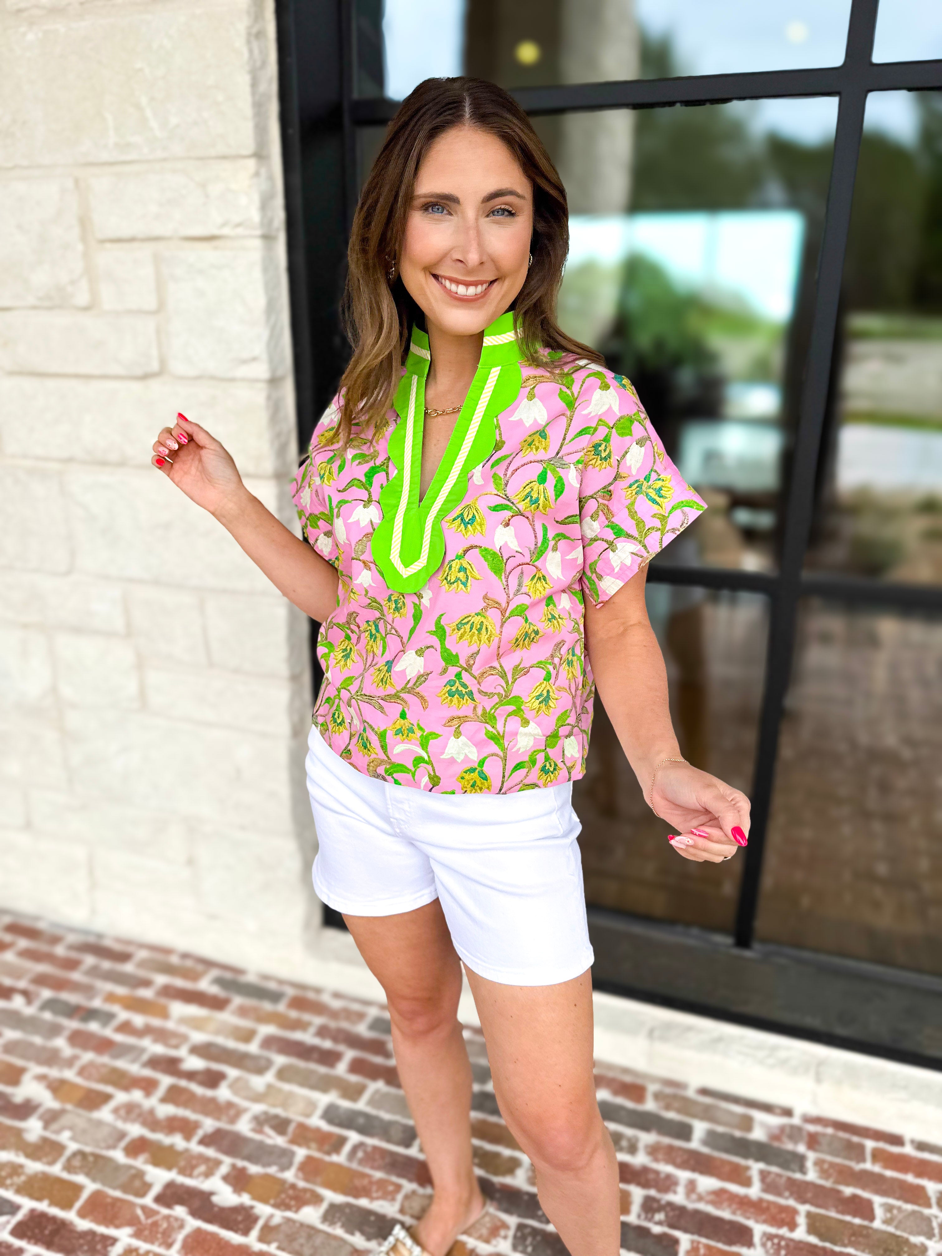 The Maisie Floral Scalloped Blouse - Pink & Lime-200 Fashion Blouses-ENTRO-July & June Women's Fashion Boutique Located in San Antonio, Texas