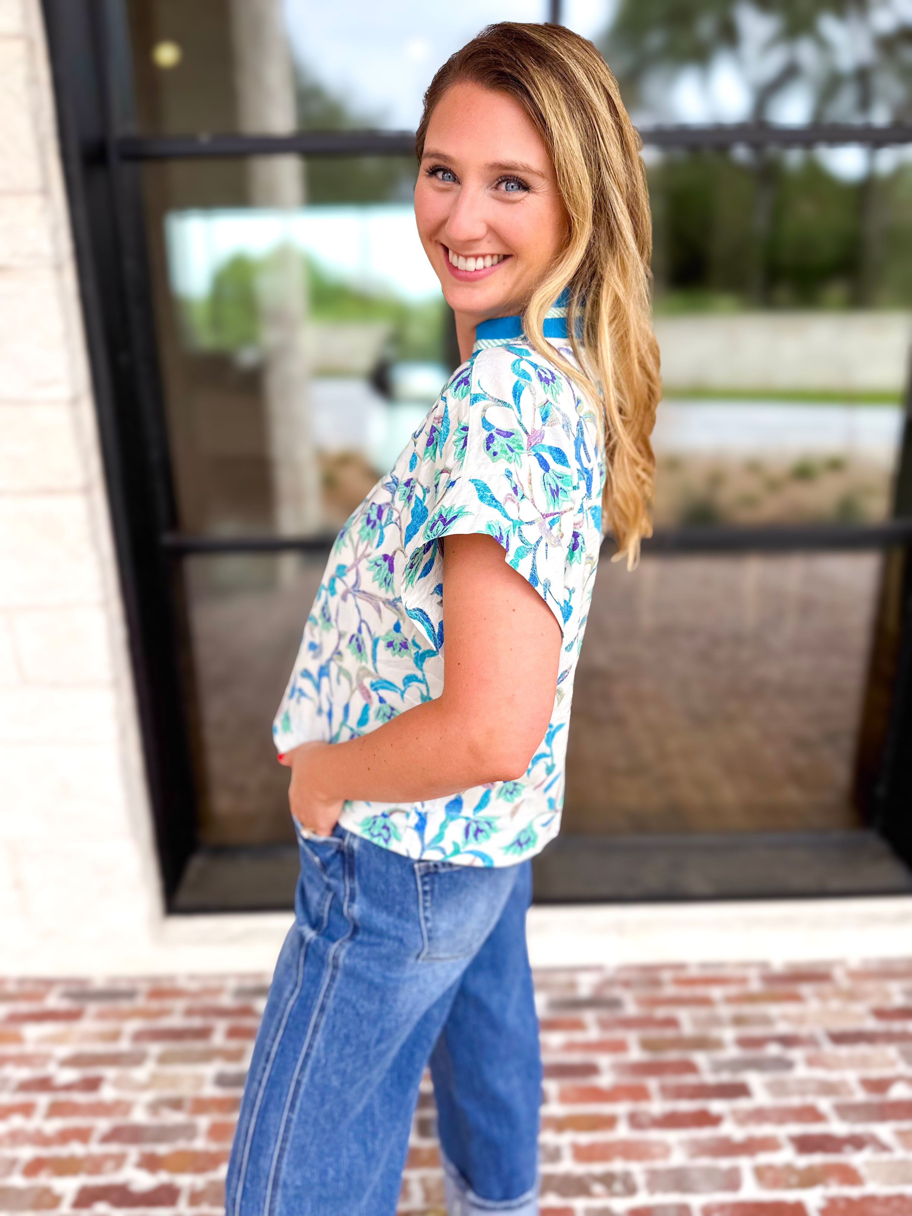 The Maisie Floral Scalloped Blouse - Blue & Ivory-200 Fashion Blouses-ENTRO-July & June Women's Fashion Boutique Located in San Antonio, Texas