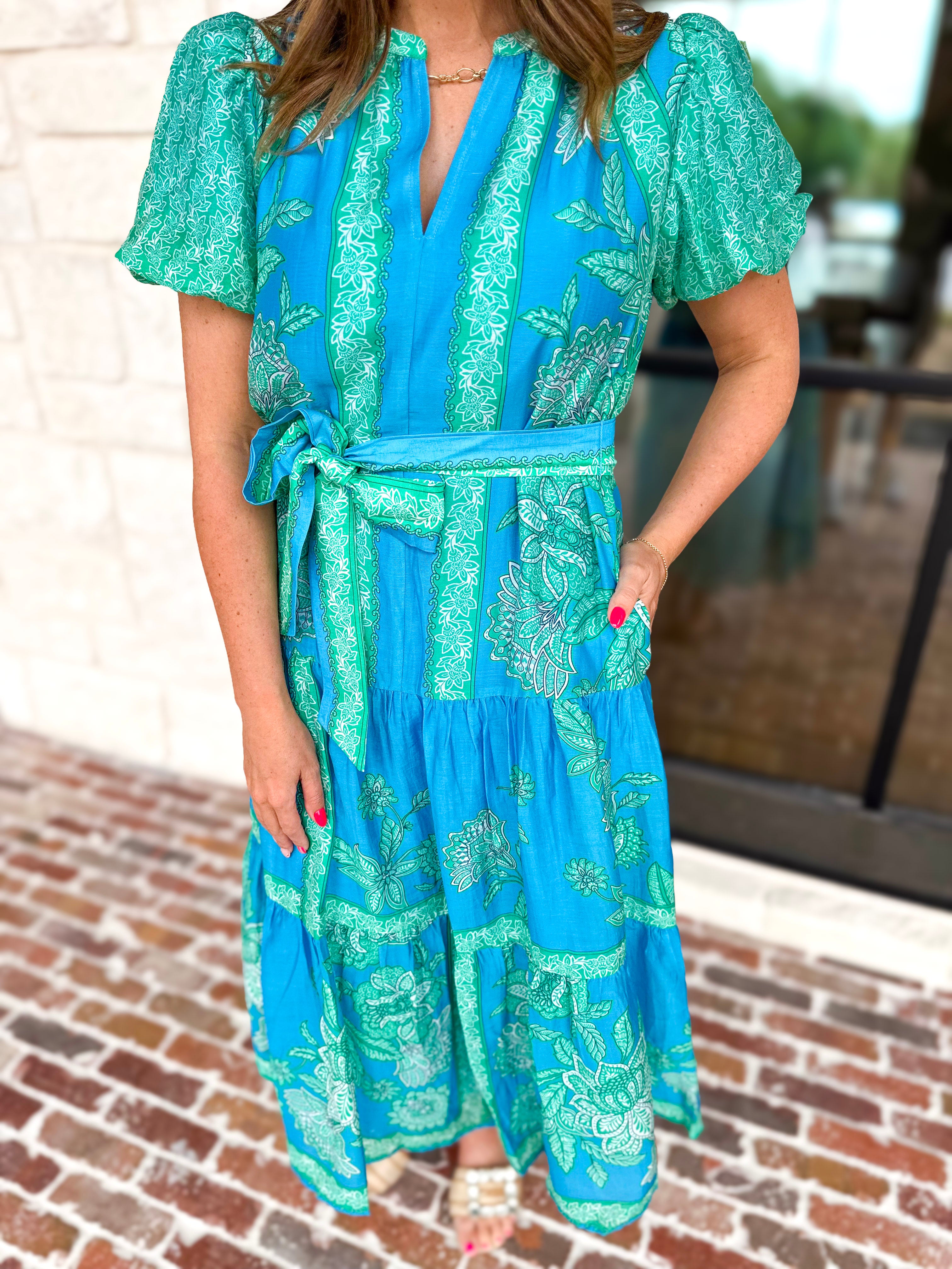 Current Air - Blue Tide Floral Midi Dress-500 Midi-CURRENT AIR CLOTHING-July & June Women's Fashion Boutique Located in San Antonio, Texas