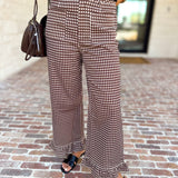 Gingham Ruffle Trim Pants - Brown-400 Pants-ENTRO-July & June Women's Fashion Boutique Located in San Antonio, Texas