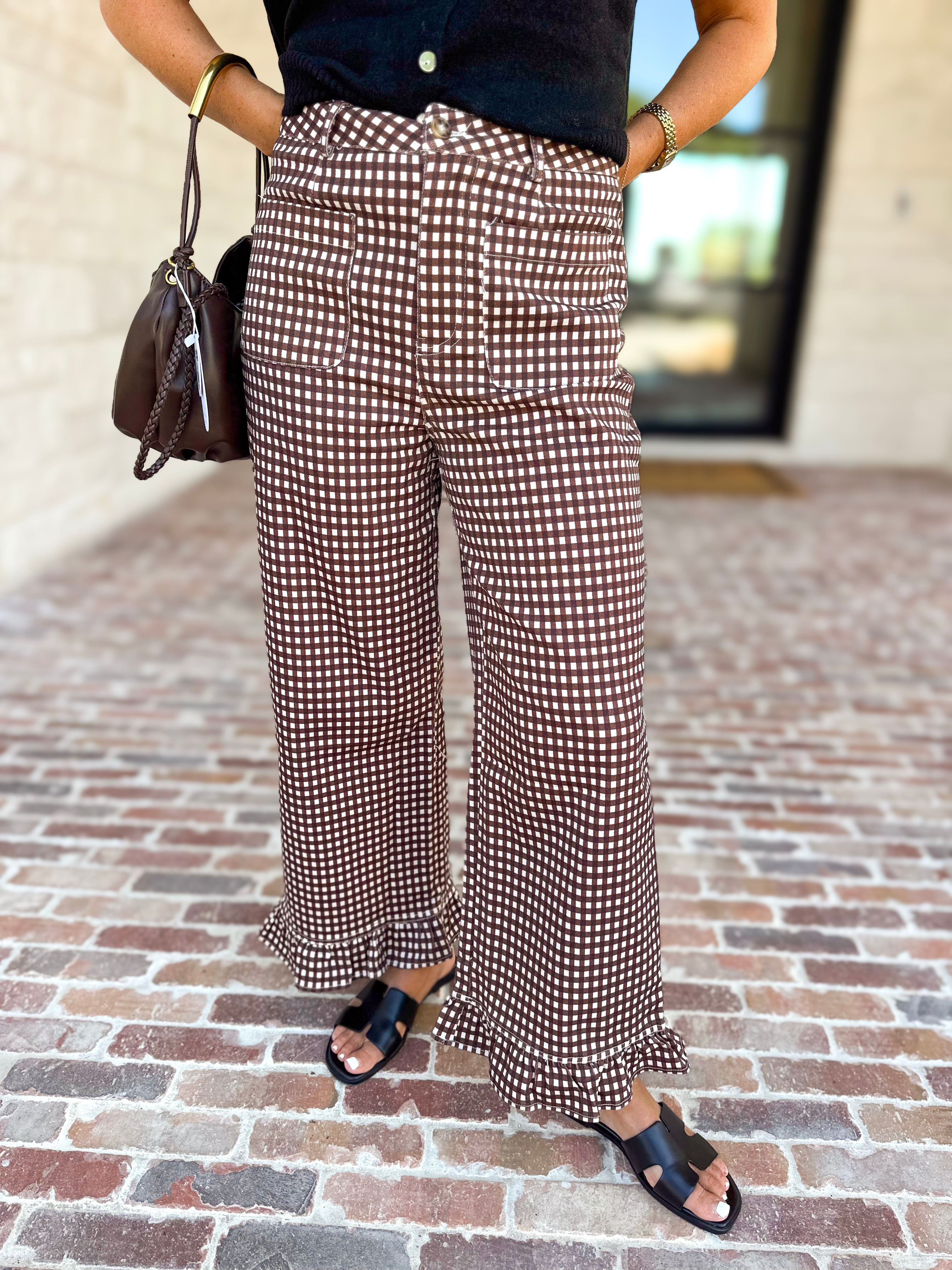 Gingham Ruffle Trim Pants - Brown-400 Pants-ENTRO-July & June Women's Fashion Boutique Located in San Antonio, Texas