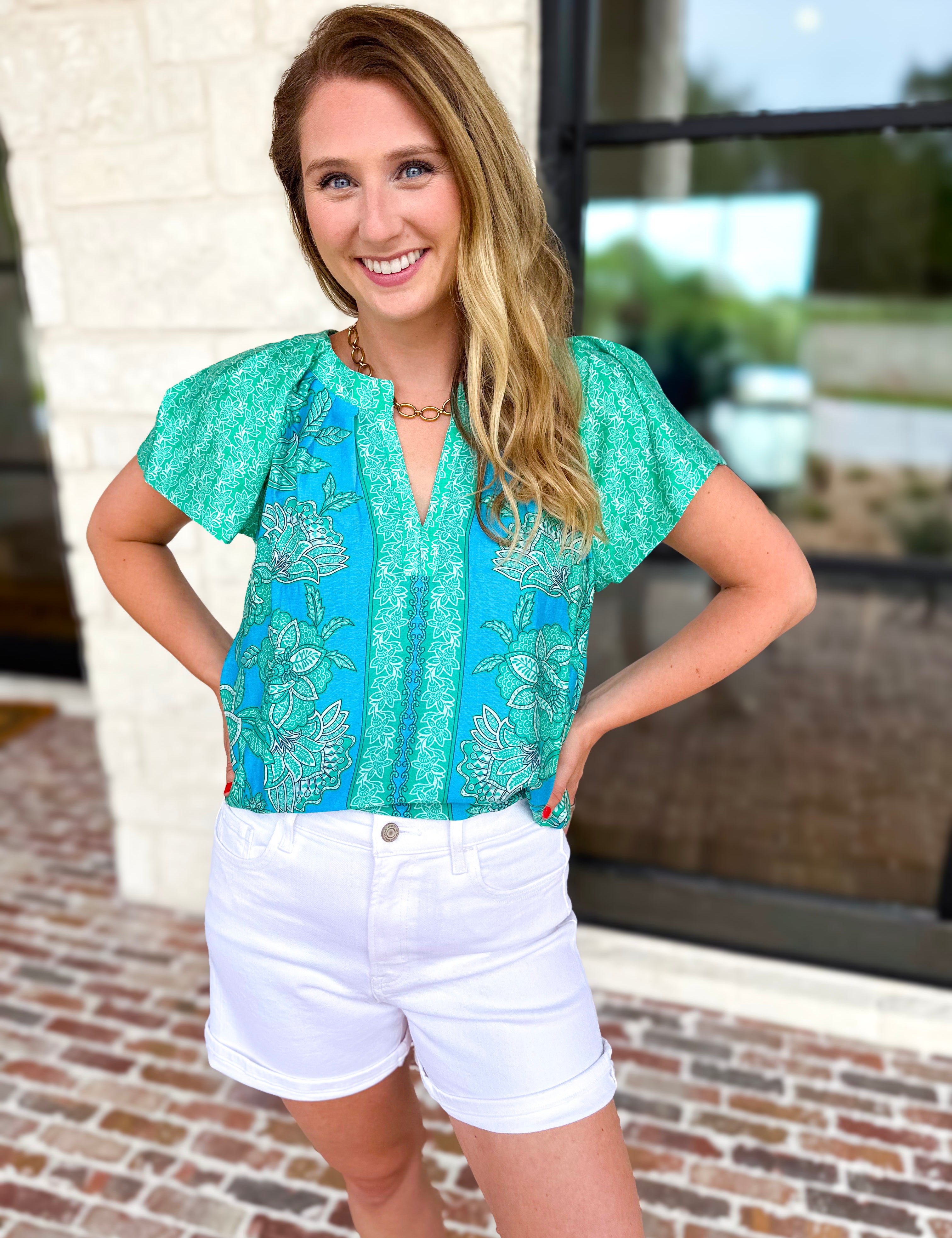 Current Air - Blue Tide Floral Blouse-200 Fashion Blouses-CURRENT AIR CLOTHING-July & June Women's Fashion Boutique Located in San Antonio, Texas