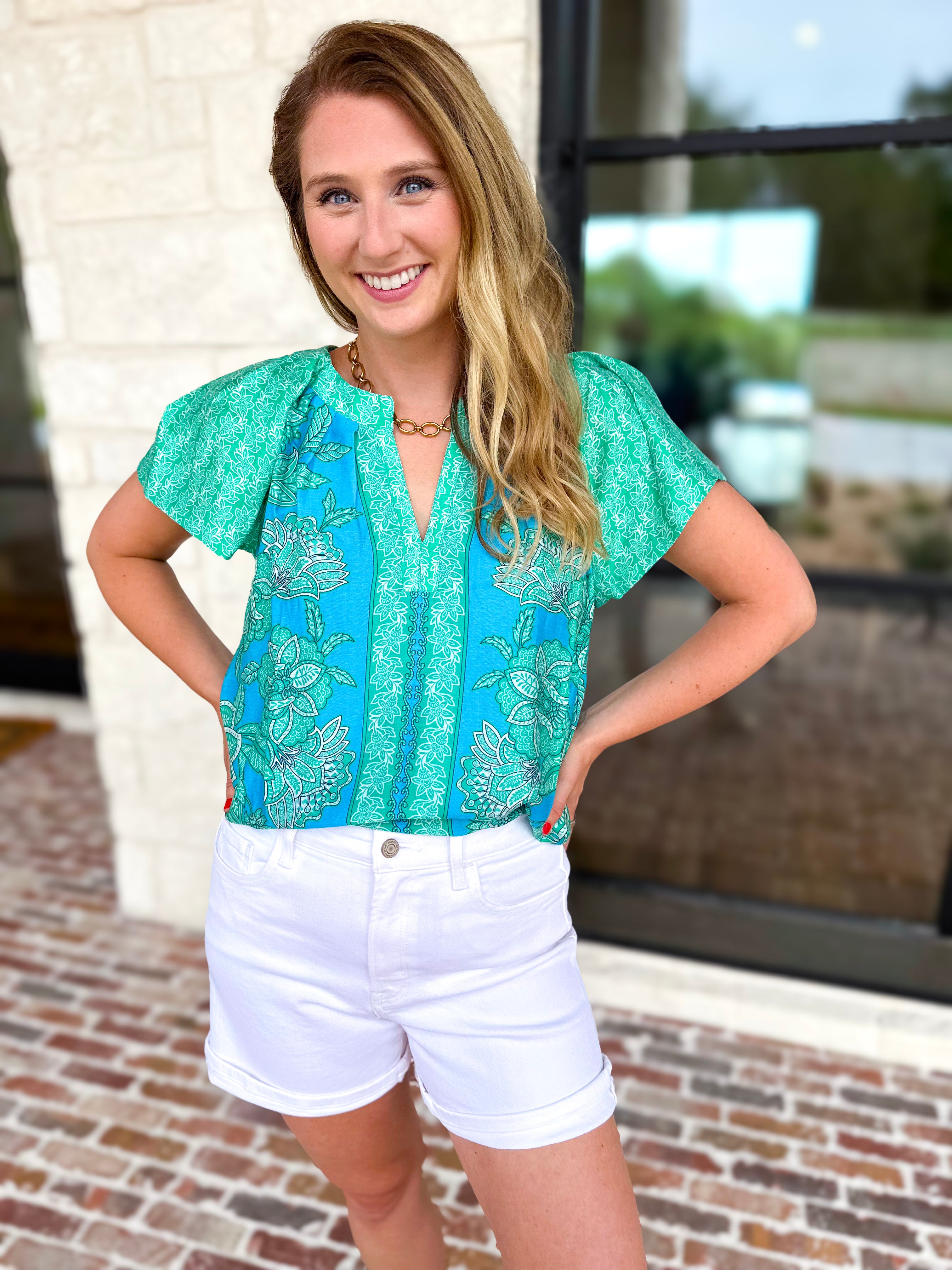 Current Air - Blue Tide Floral Blouse-200 Fashion Blouses-CURRENT AIR CLOTHING-July & June Women's Fashion Boutique Located in San Antonio, Texas