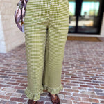 Gingham Ruffle Trim Pants - Olive-400 Pants-ENTRO-July & June Women's Fashion Boutique Located in San Antonio, Texas