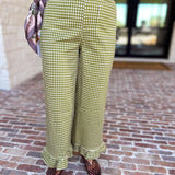 Gingham Ruffle Trim Pants - Olive-400 Pants-ENTRO-July & June Women's Fashion Boutique Located in San Antonio, Texas