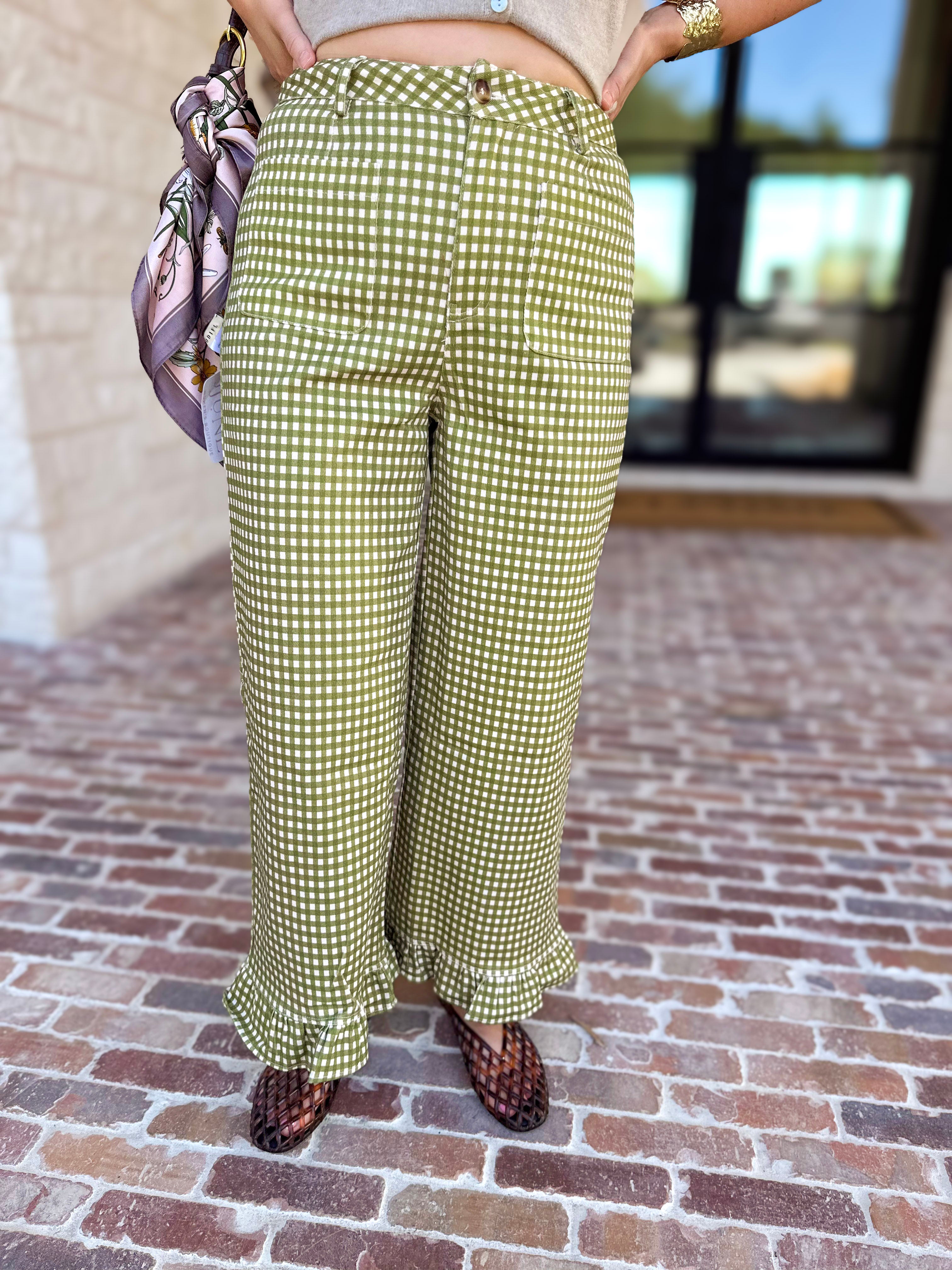 Gingham Ruffle Trim Pants - Olive-400 Pants-ENTRO-July & June Women's Fashion Boutique Located in San Antonio, Texas