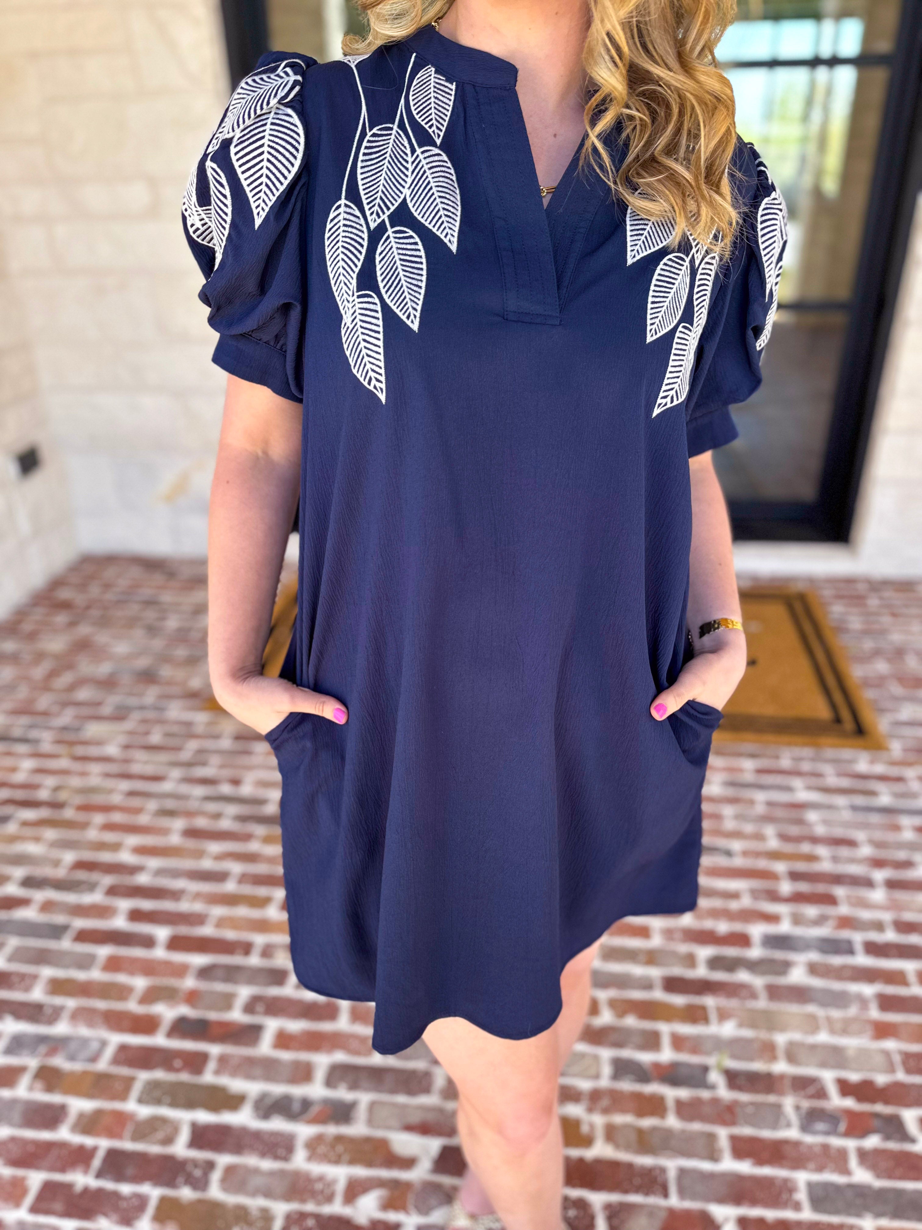 The Coastal Embroidered Mini Dress - Navy-510 Mini-JODIFL-July & June Women's Fashion Boutique Located in San Antonio, Texas
