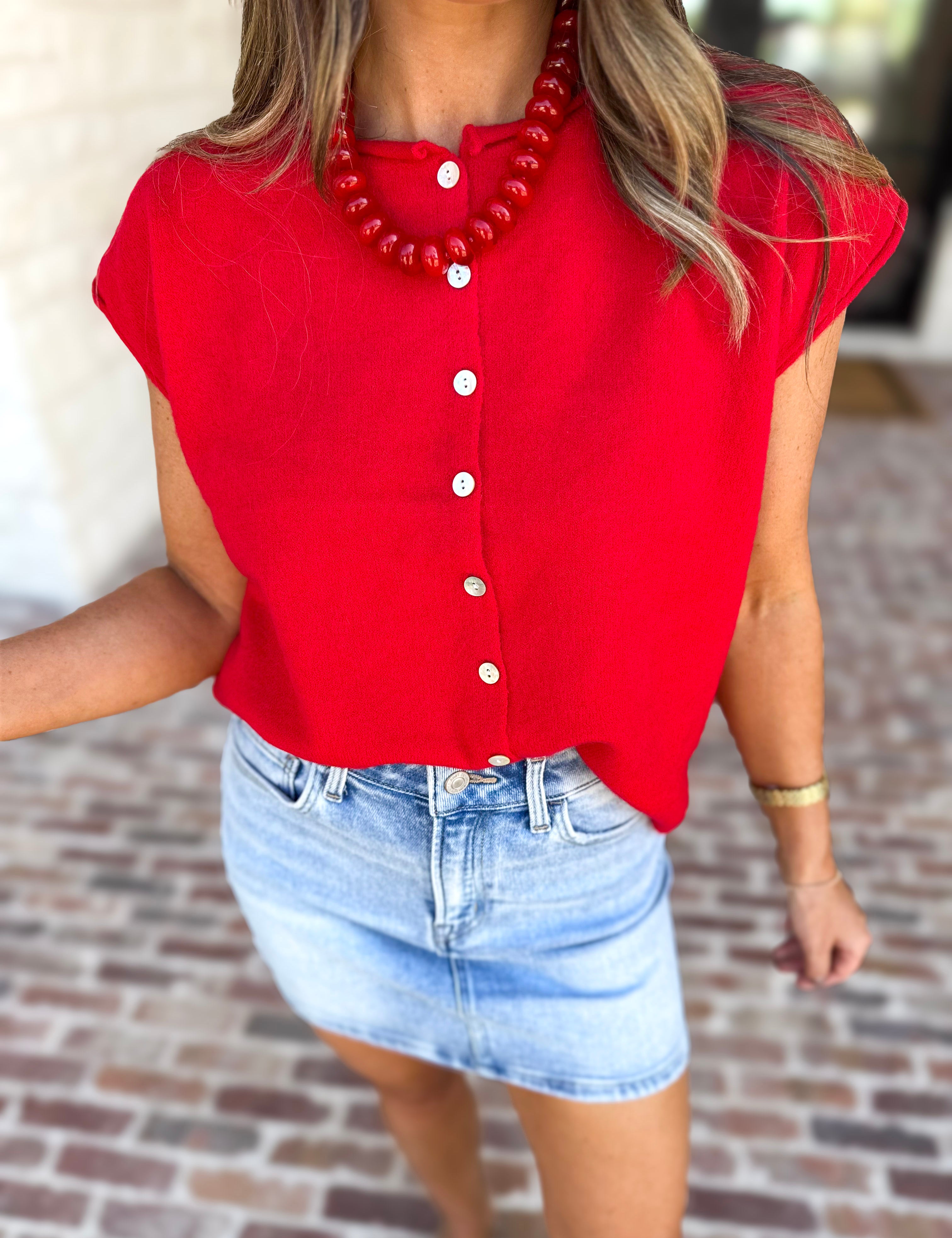 Short Sleeve Everyday Cardigan - Red-230 Sweaters/Cardis-DOUBLE ZERO-July & June Women's Fashion Boutique Located in San Antonio, Texas