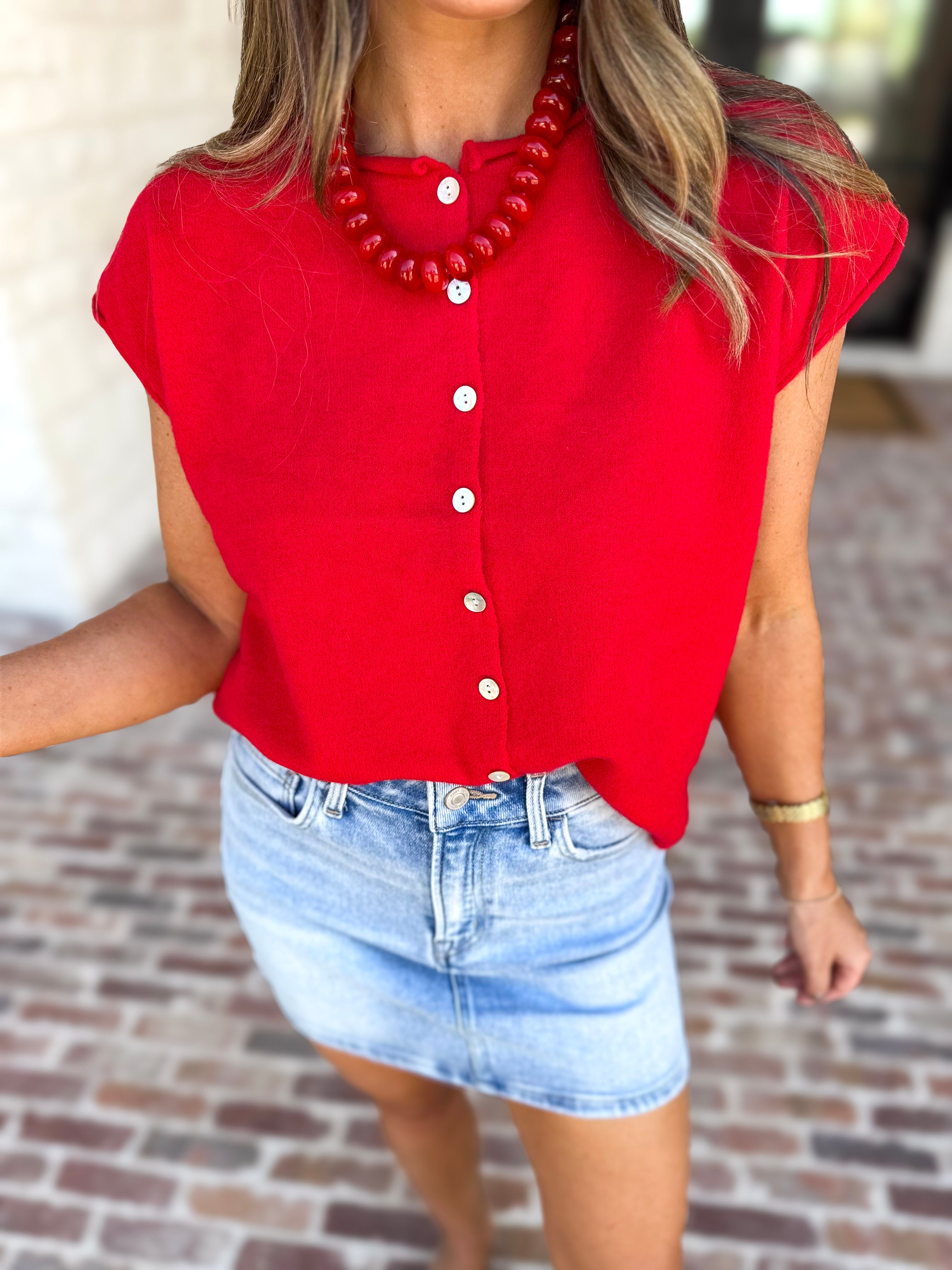 Short Sleeve Everyday Cardigan - Red-230 Sweaters/Cardis-DOUBLE ZERO-July & June Women's Fashion Boutique Located in San Antonio, Texas