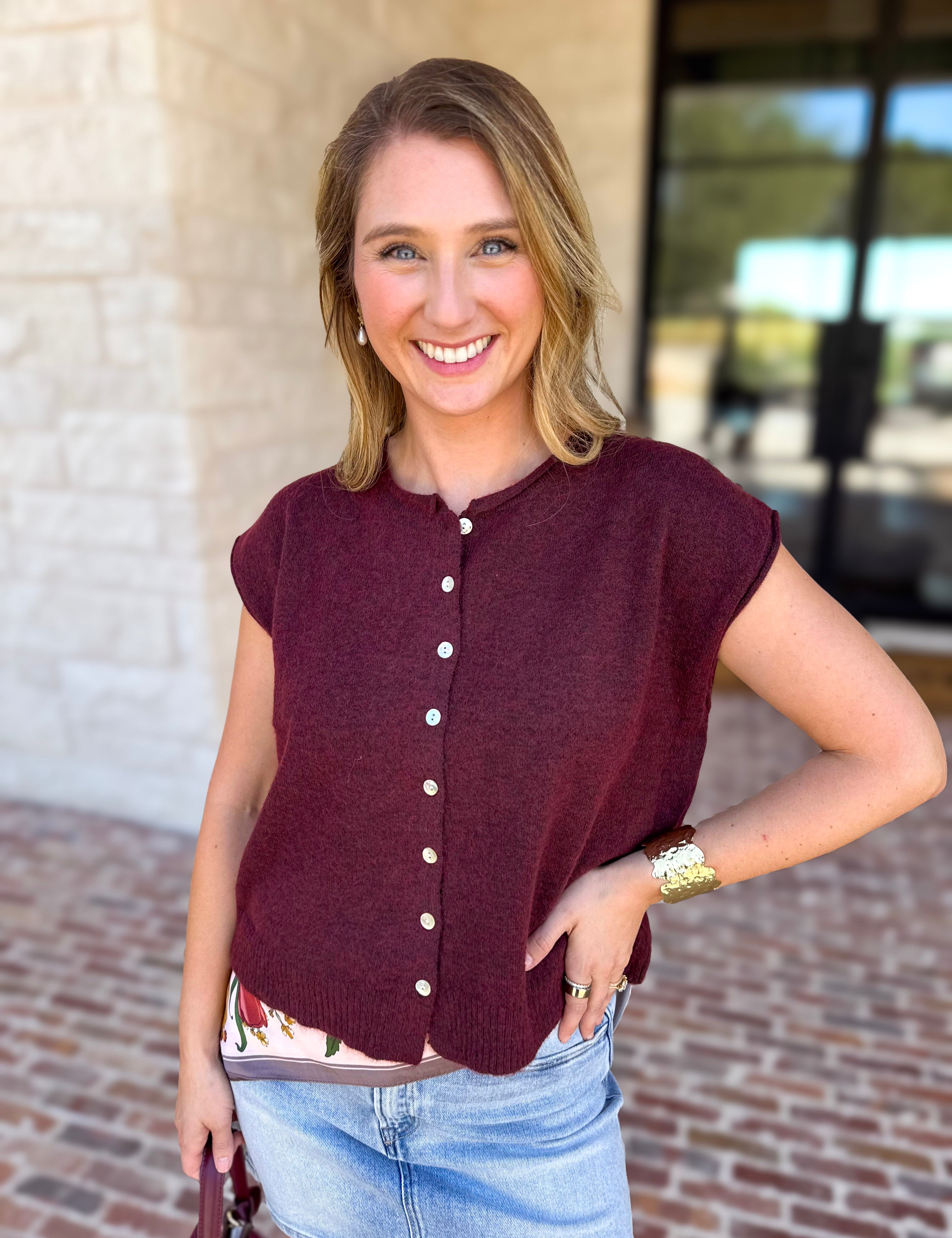 Short Sleeve Everyday Cardigan - Merlot-230 Sweaters/Cardis-DOUBLE ZERO-July & June Women's Fashion Boutique Located in San Antonio, Texas