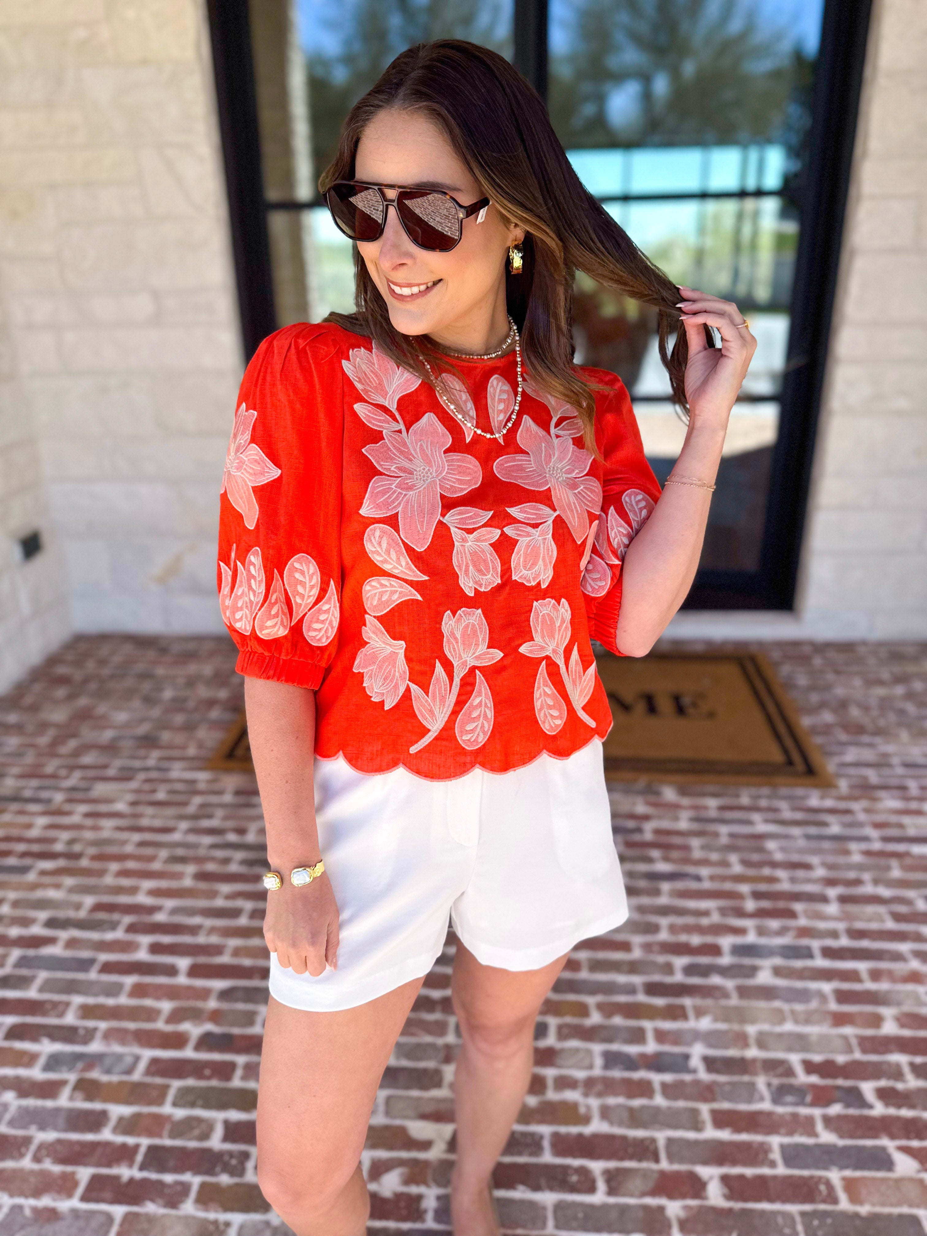 THML - Bold Orange Embroidered Blouse-200 Fashion Blouses-THML-July & June Women's Fashion Boutique Located in San Antonio, Texas