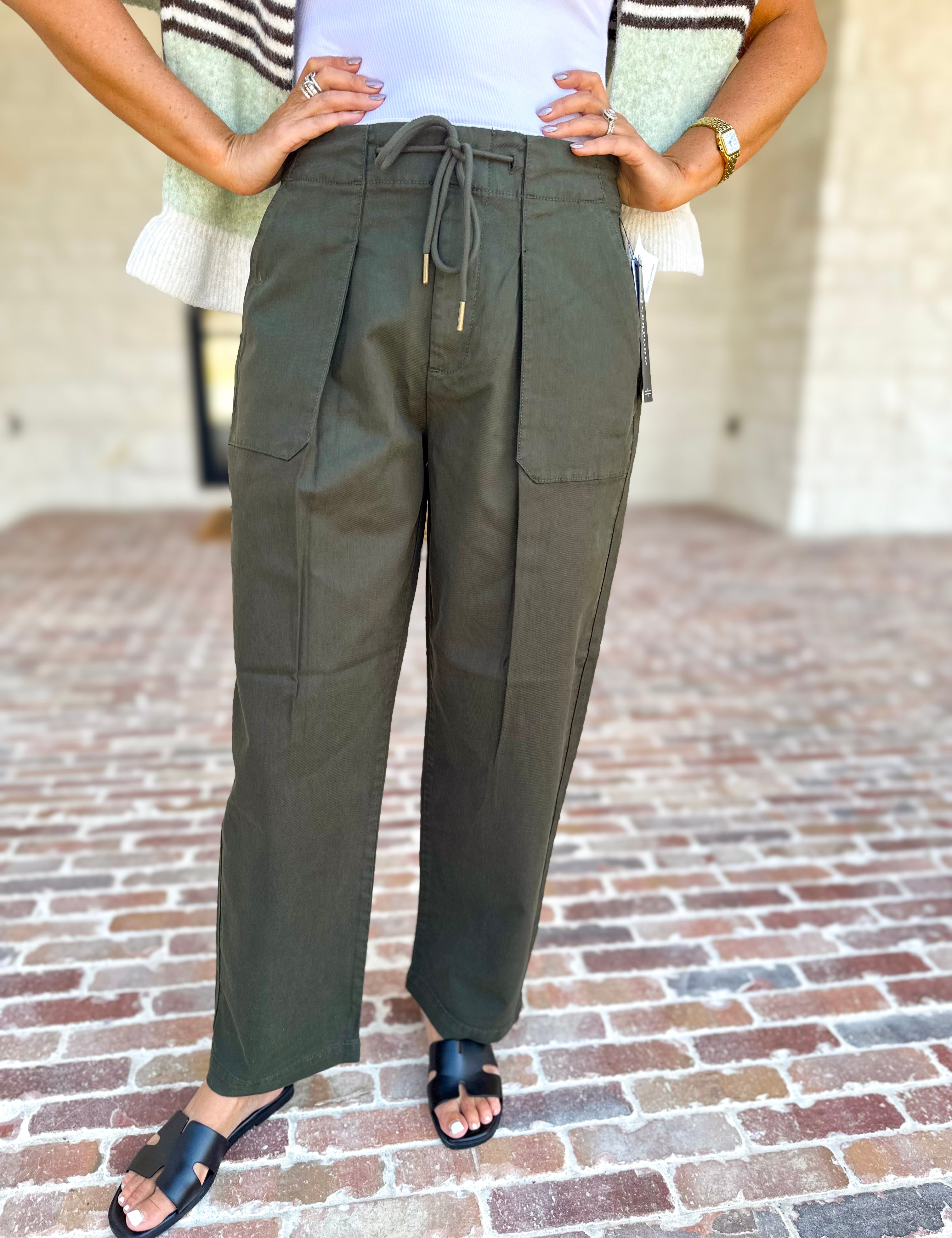 Liverpool - Cropped Olive Green Drawstring Trousers-400 Pants-LIVERPOOL JEANS COMPANY-July & June Women's Fashion Boutique Located in San Antonio, Texas