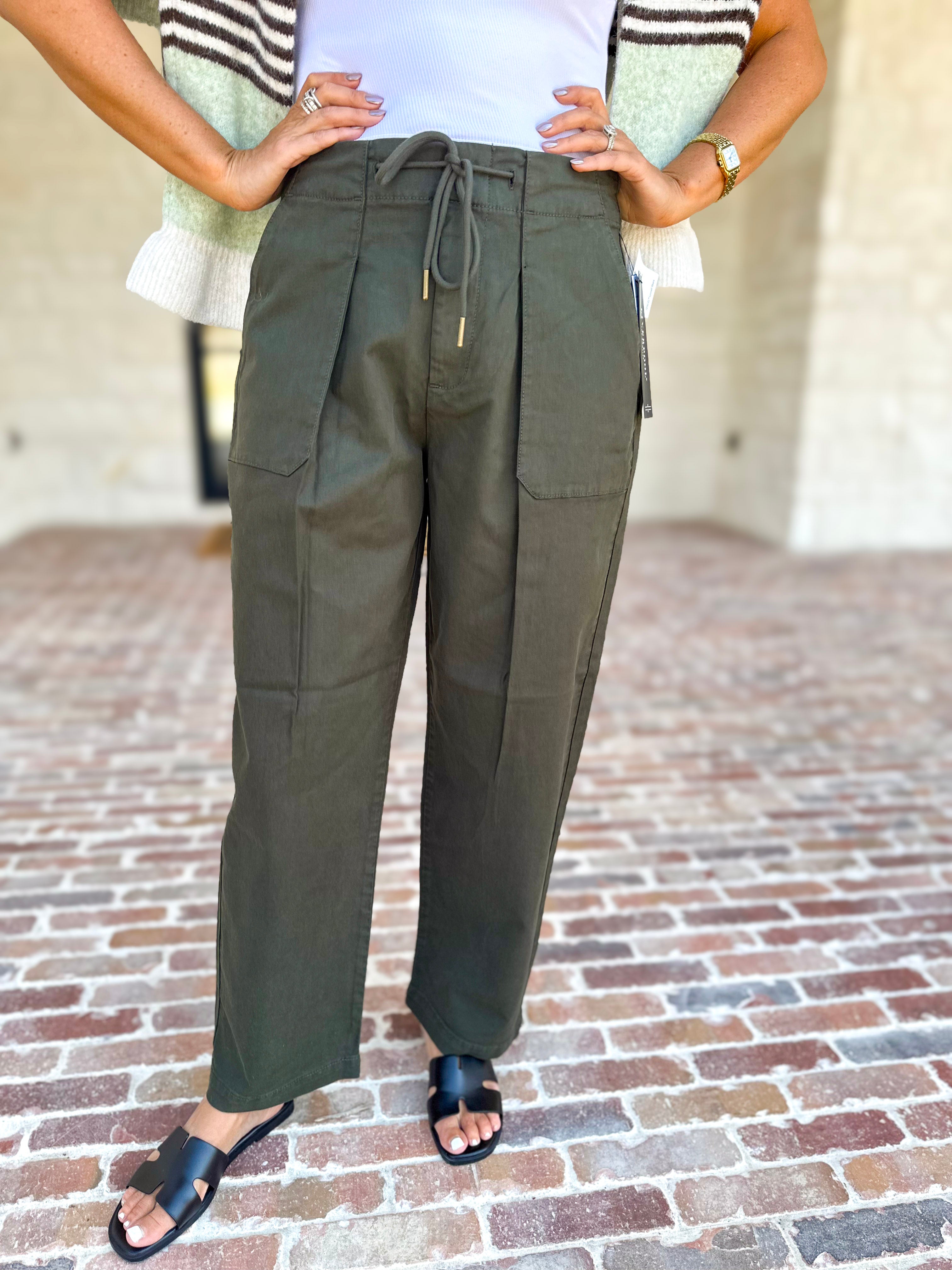 Liverpool - Cropped Olive Green Drawstring Trousers-400 Pants-LIVERPOOL JEANS COMPANY-July & June Women's Fashion Boutique Located in San Antonio, Texas