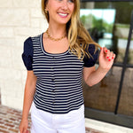 Navy Stripe Knit Tee-200 Fashion Blouses-SKIES ARE BLUE-July & June Women's Fashion Boutique Located in San Antonio, Texas